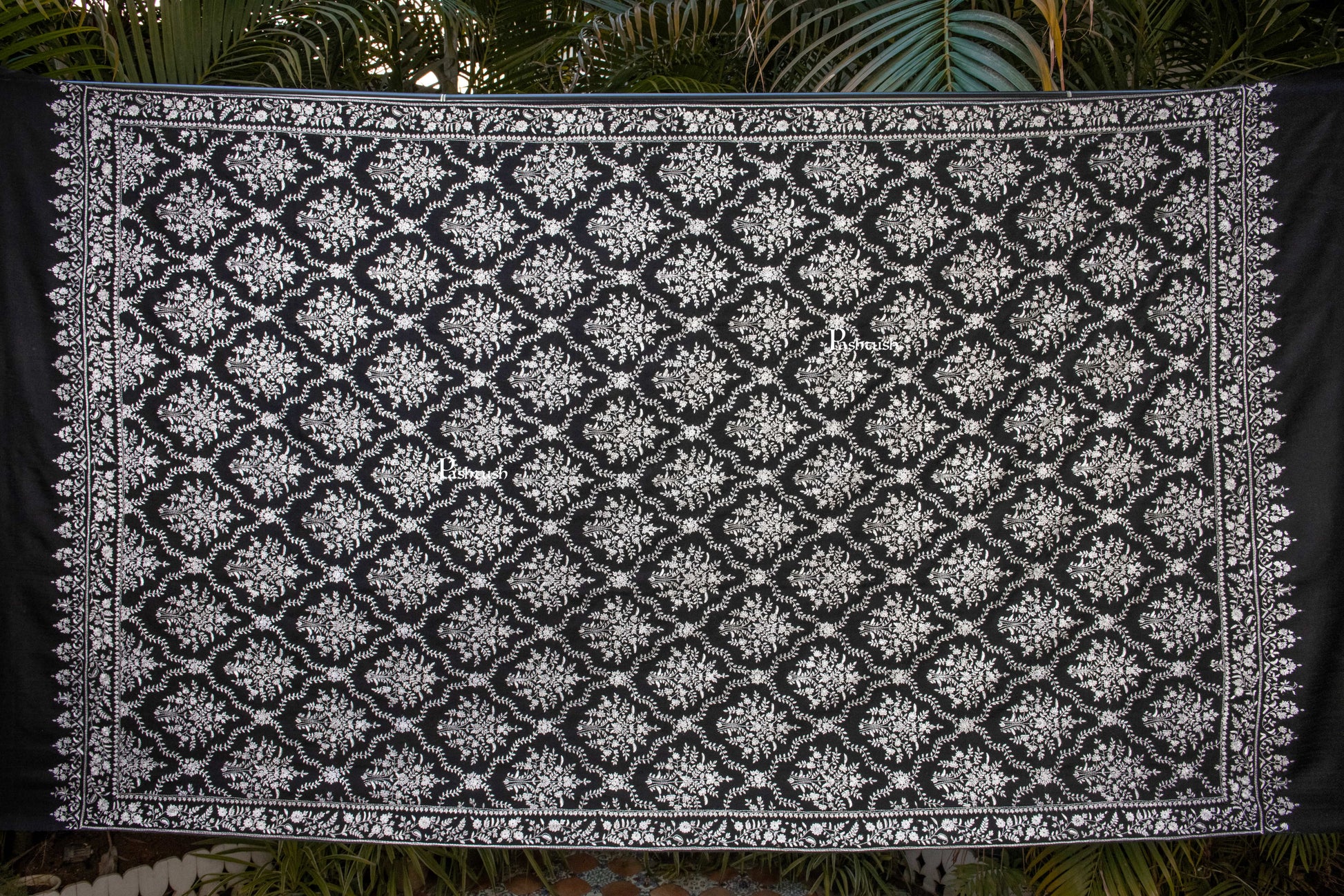 Pashtush India Womens Shawls Pashtush Womens Pure Pashmina Shawl, Sozni Hand Embroidery, Hand Woven, Tonal Design, Black