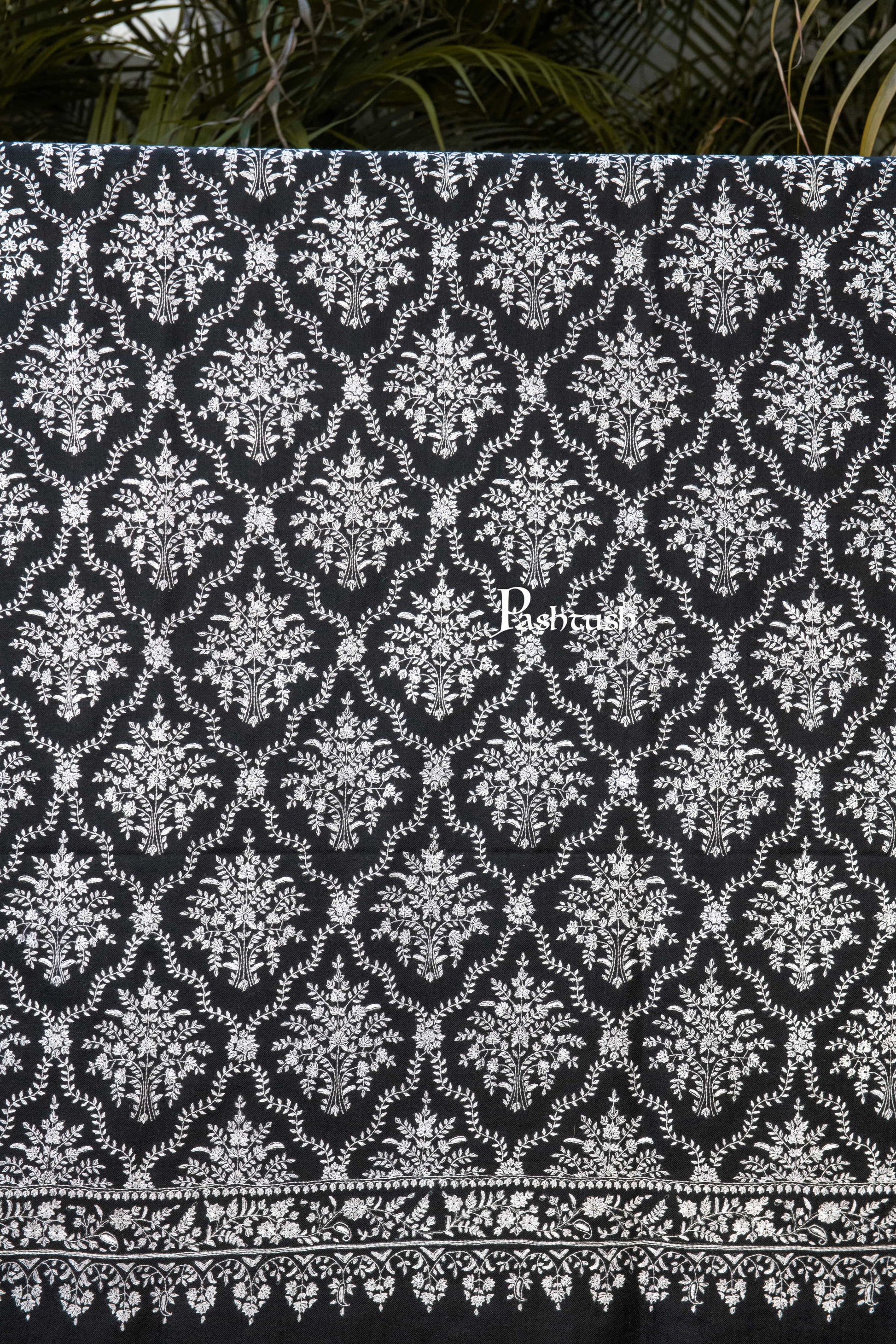 Pashtush India Womens Shawls Pashtush Womens Pure Pashmina Shawl, Sozni Hand Embroidery, Hand Woven, Tonal Design, Black