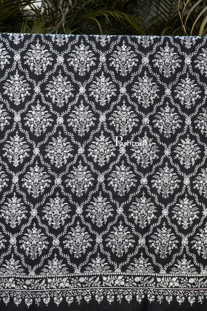 Pashtush India Womens Shawls Pashtush Womens Pure Pashmina Shawl, Sozni Hand Embroidery, Hand Woven, Tonal Design, Black