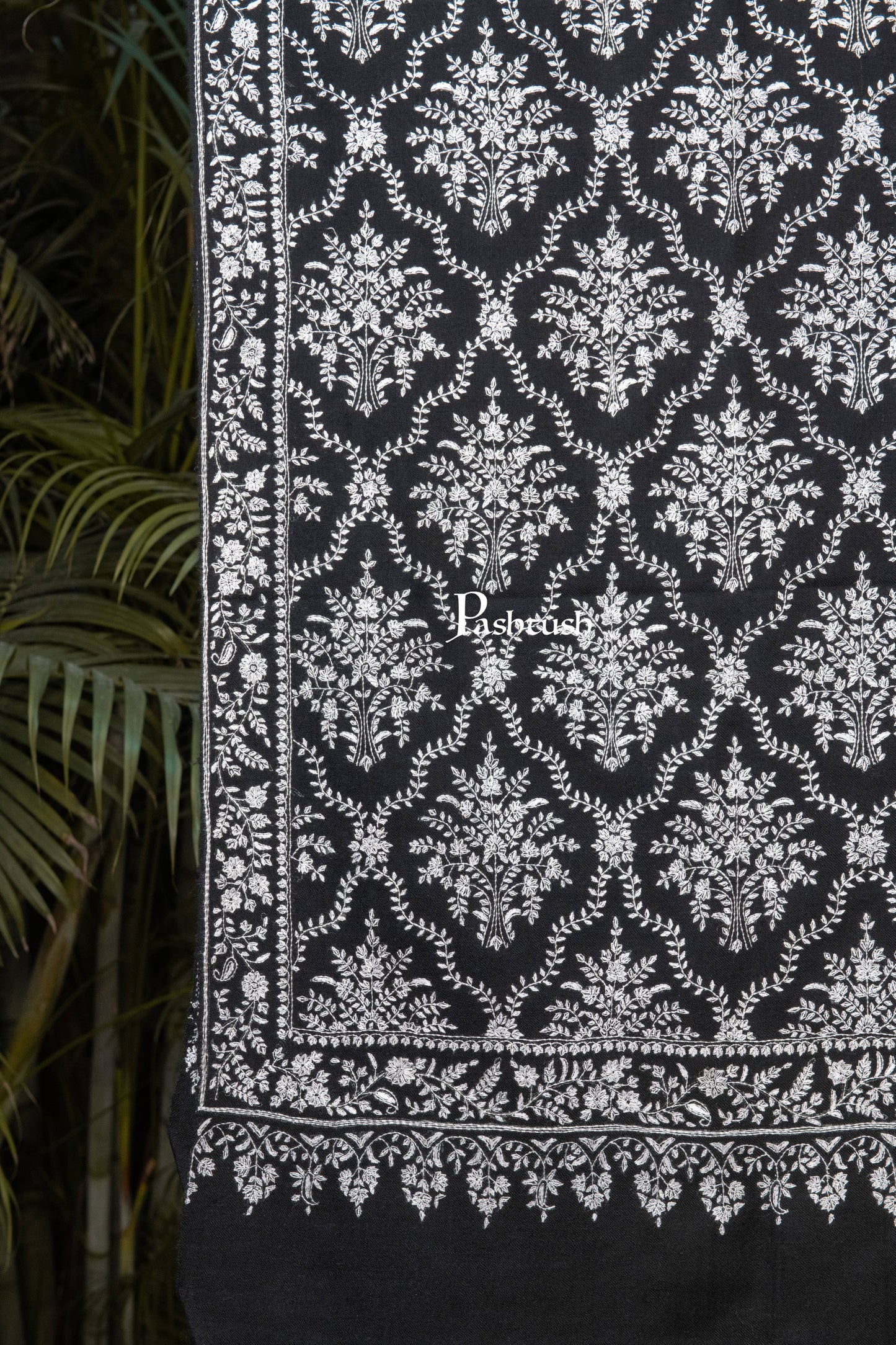 Pashtush India Womens Shawls Pashtush Womens Pure Pashmina Shawl, Sozni Hand Embroidery, Hand Woven, Tonal Design, Black