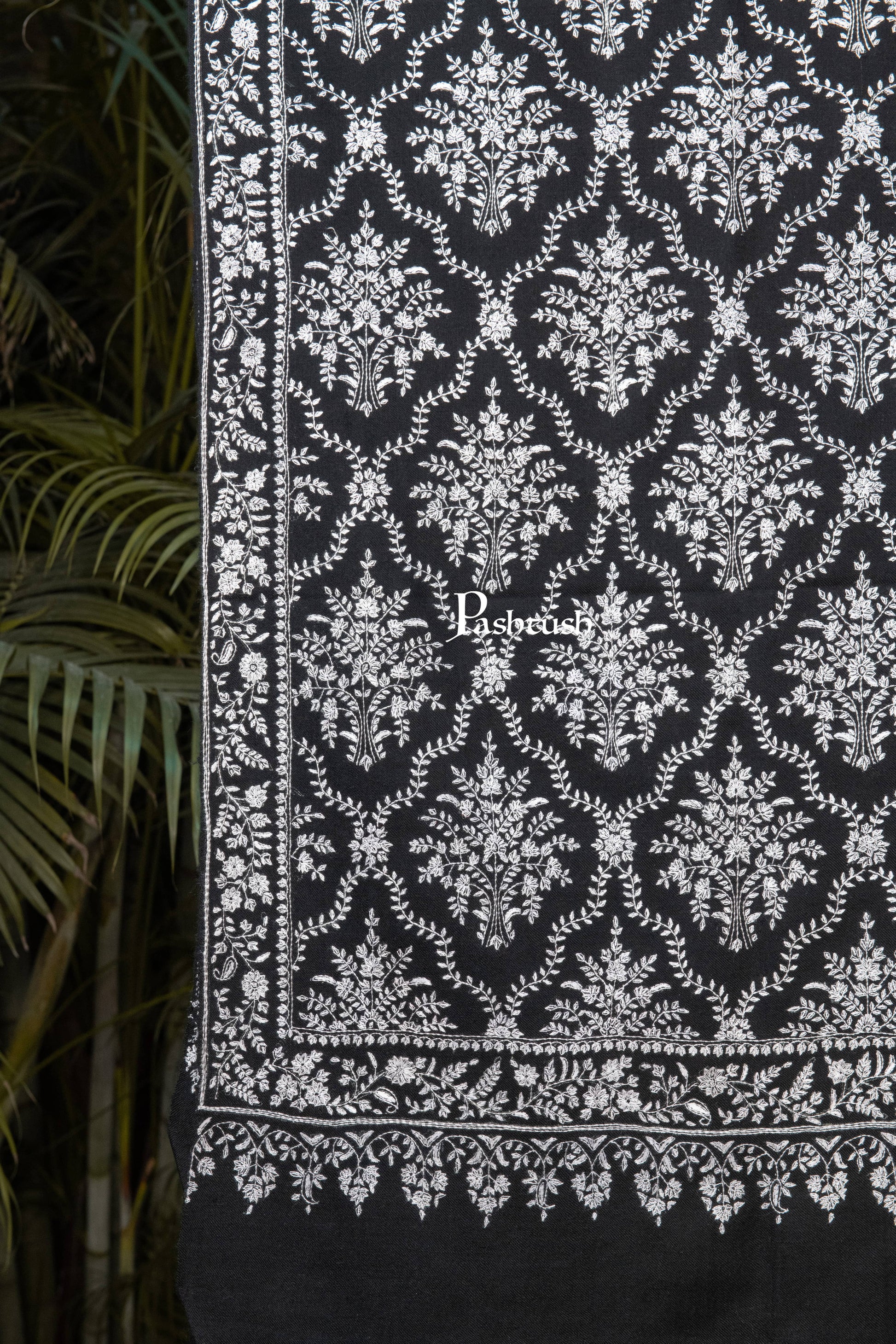 Pashtush India Womens Shawls Pashtush Womens Pure Pashmina Shawl, Sozni Hand Embroidery, Hand Woven, Tonal Design, Black