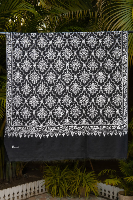 Pashtush India Womens Shawls Pashtush Womens Pure Pashmina Shawl, Sozni Hand Embroidery, Hand Woven, Tonal Design, Black