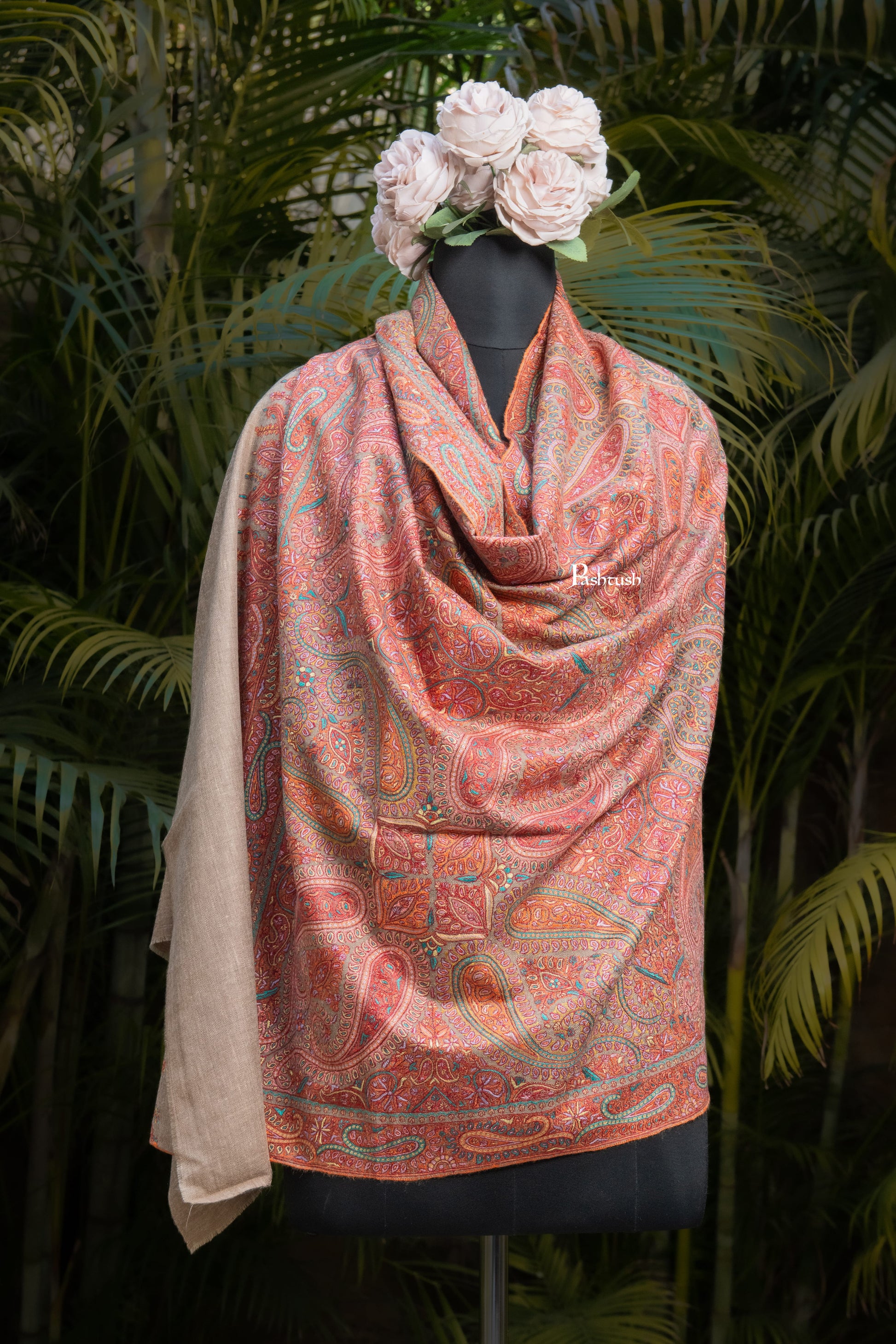 Pashtush India Womens Shawls Pashtush Womens Pure Pashmina Shawl, Sozni Hand Embroidery, Hand Woven, Tonal Design, Multicoloured with Natural Woven Base