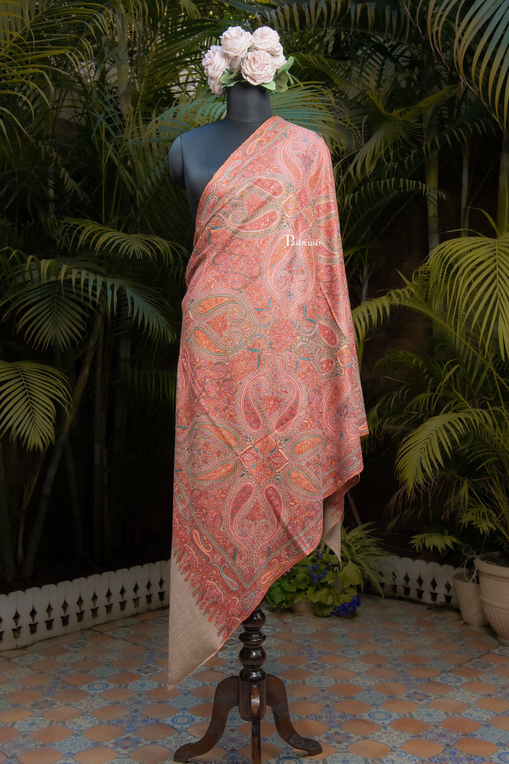 Pashtush India Womens Shawls Pashtush Womens Pure Pashmina Shawl, Sozni Hand Embroidery, Hand Woven, Tonal Design, Multicoloured with Natural Woven Base