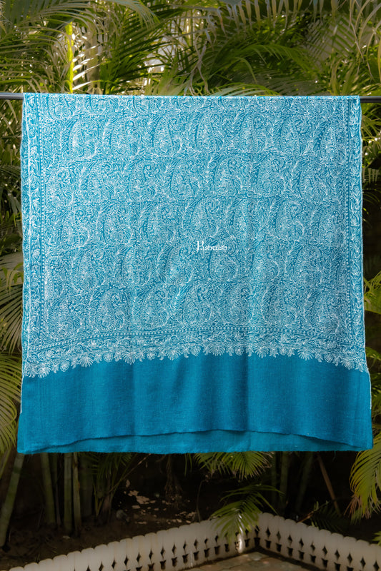 Pashtush India Womens Shawls Pashtush Womens Pure Pashmina shawl, tonal hand embroidery, handwoven, Aqua Blue