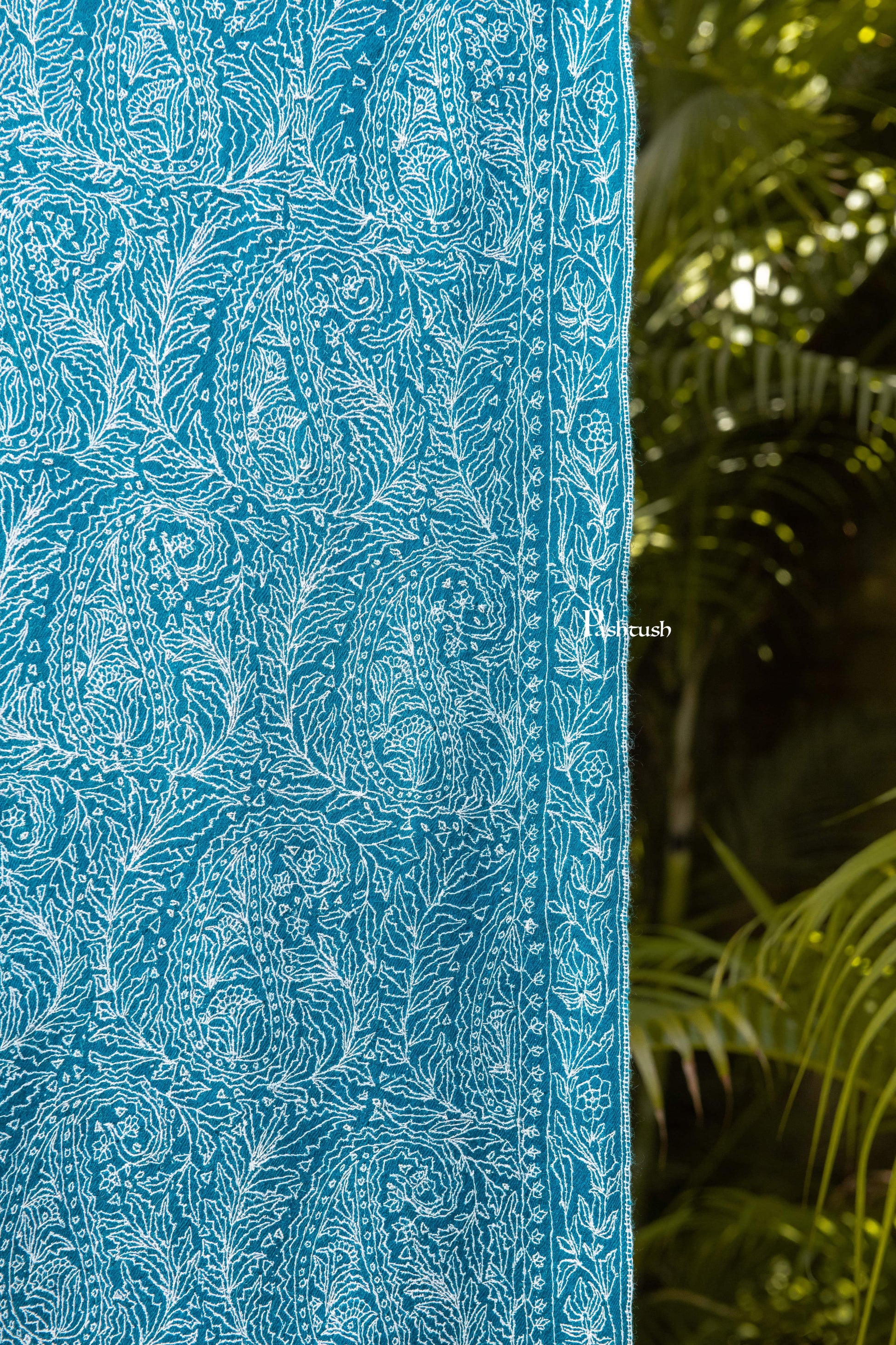 Pashtush India Womens Shawls Pashtush Womens Pure Pashmina shawl, tonal hand embroidery, handwoven, Aqua Blue