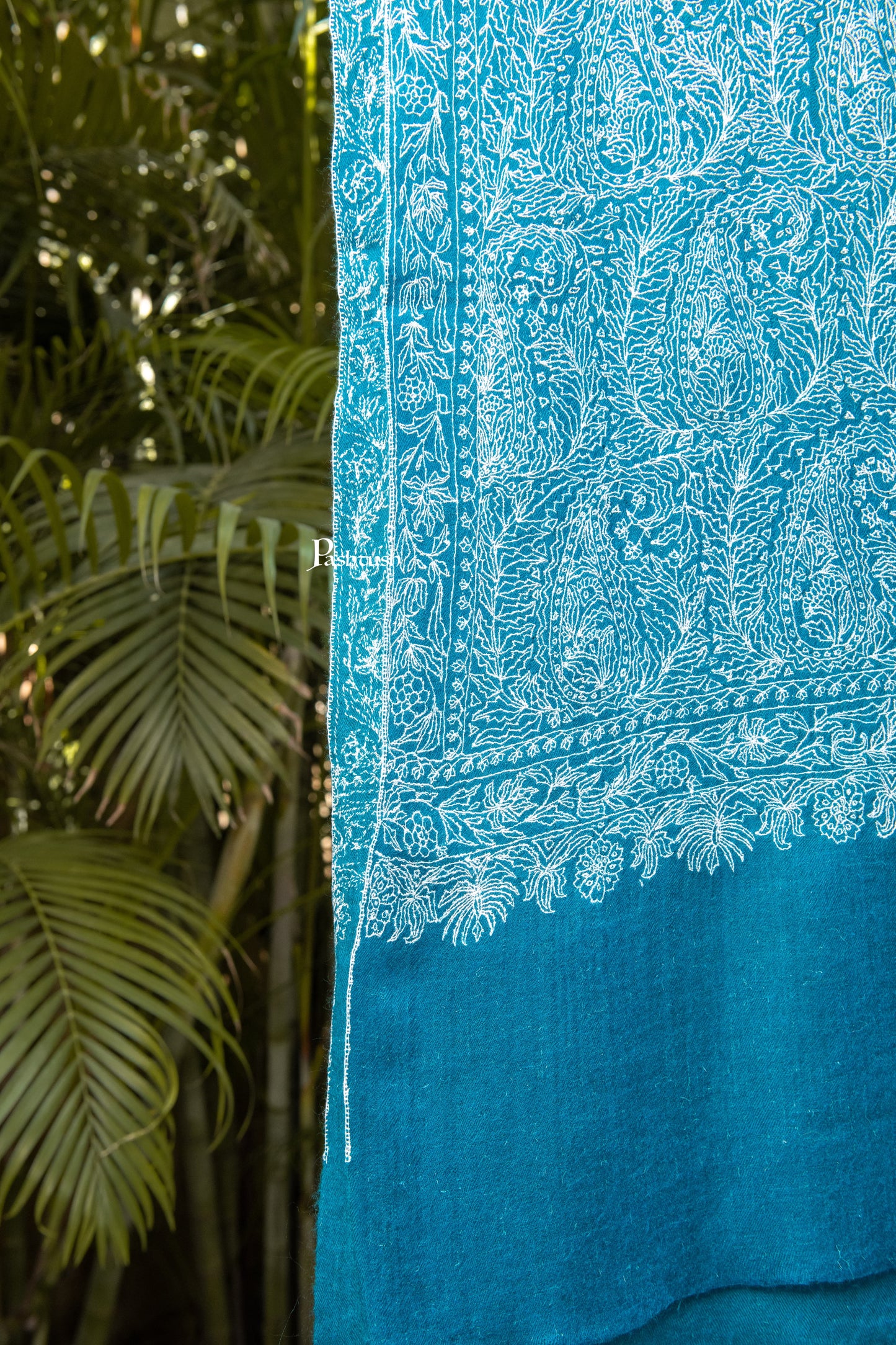 Pashtush India Womens Shawls Pashtush Womens Pure Pashmina shawl, tonal hand embroidery, handwoven, Aqua Blue