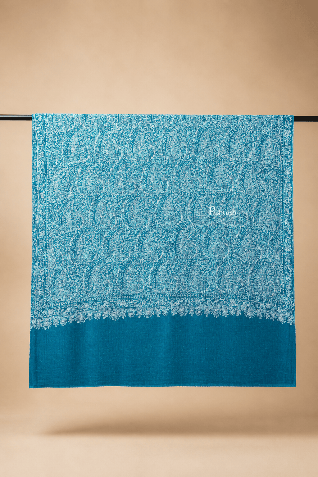 Pashtush India Womens Shawls Pashtush Womens Pure Pashmina shawl, tonal hand embroidery, handwoven, Aqua Blue