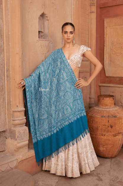 Pashtush India Womens Shawls Pashtush Womens Pure Pashmina shawl, tonal hand embroidery, handwoven, Aqua Blue