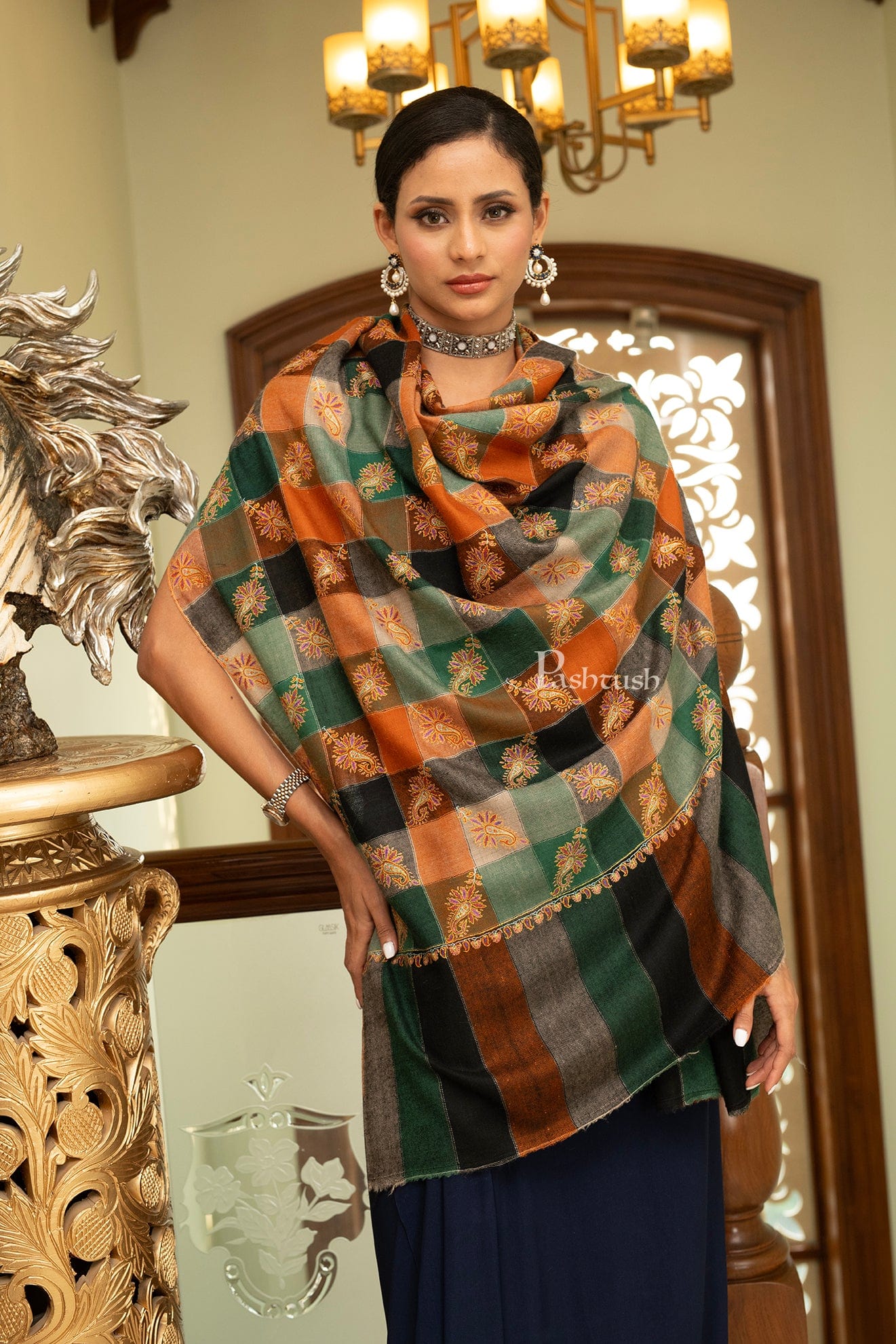 Pashtush India Womens Shawls Pashtush Womens Pure Pashmina Shawl, Woven Checks Decorated With Sozni Embroidery Design, Multicolour
