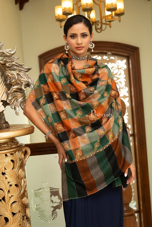 Pashtush India Womens Shawls Pashtush Womens Pure Pashmina Shawl, Woven Checks Decorated With Sozni Embroidery Design, Multicolour