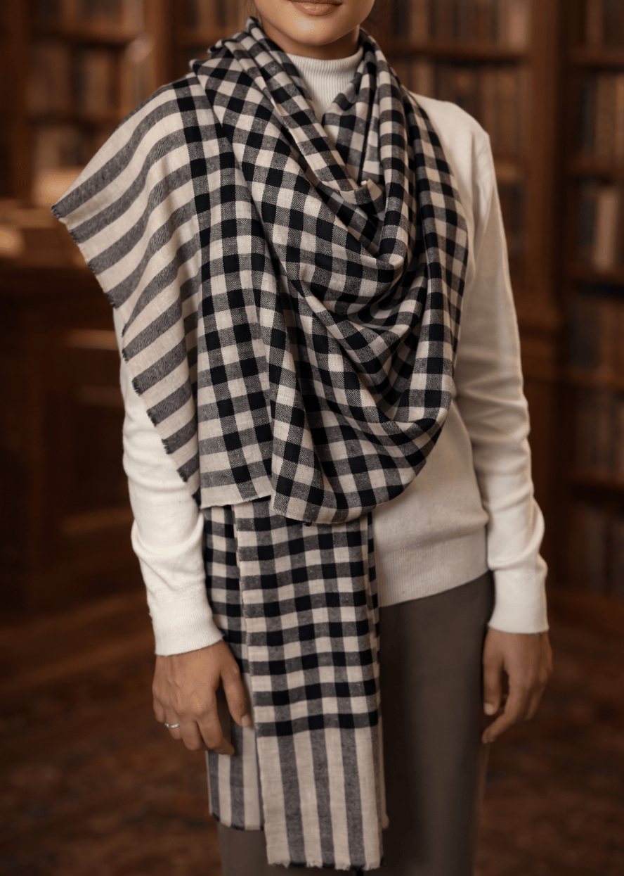 Pashtush India Mens Scarves Stoles and Mufflers Pashtush Womens Pure Pashmina Stole, Handwoven Checkered Design, Black and Beige