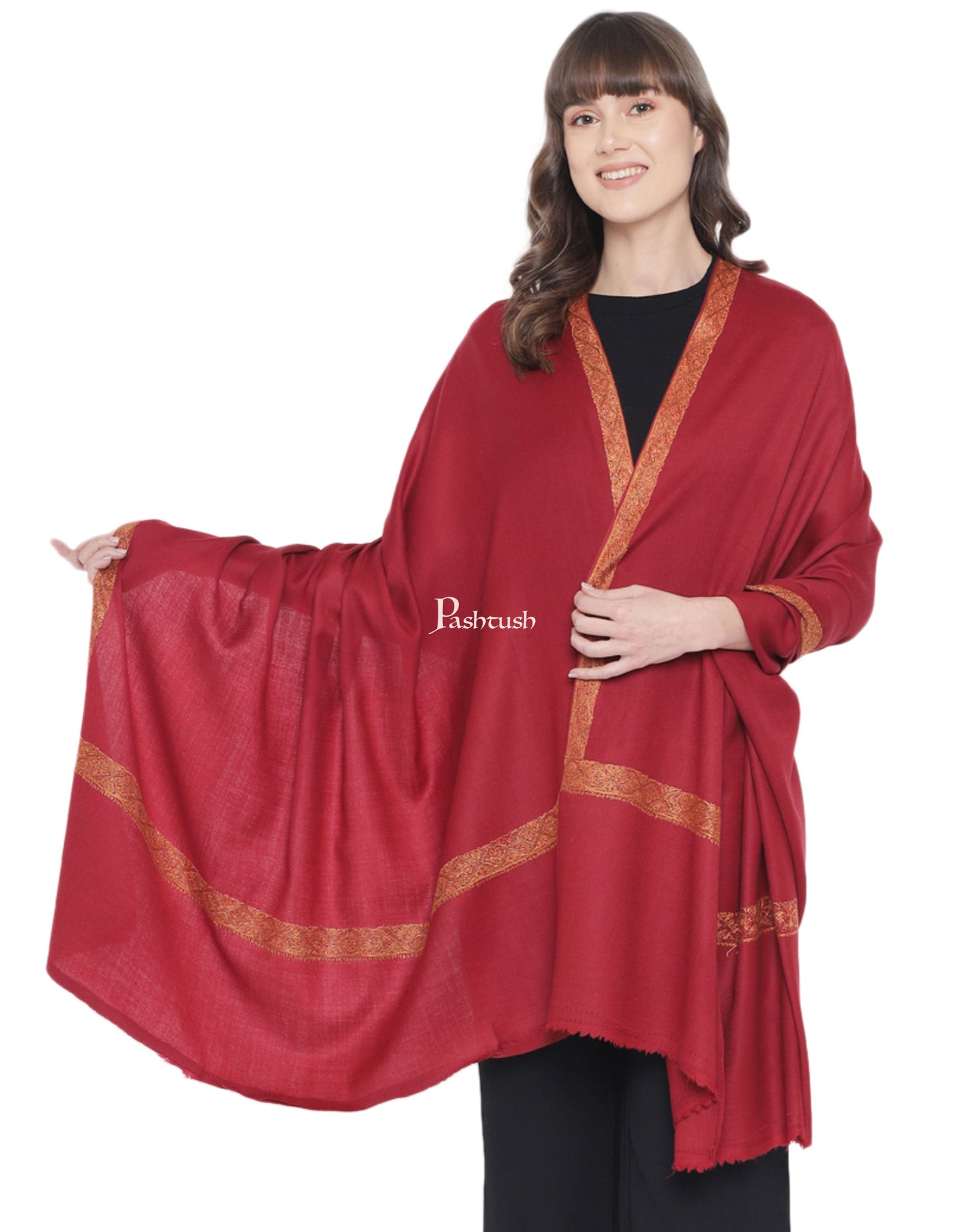 Pashtush India Womens Shawls Pashtush Womens Pure Wool Embroidery Shawl, Woolmark Certificate, Hand Embroidery Neem daur, Maroon
