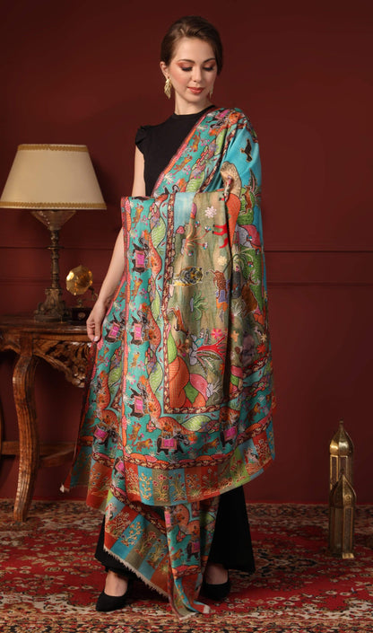 Pashtush India 100x200 Pashtush Womens Pure Wool, Hand Embroidered Kalamkari Shawl, With Woolmark Certificate
