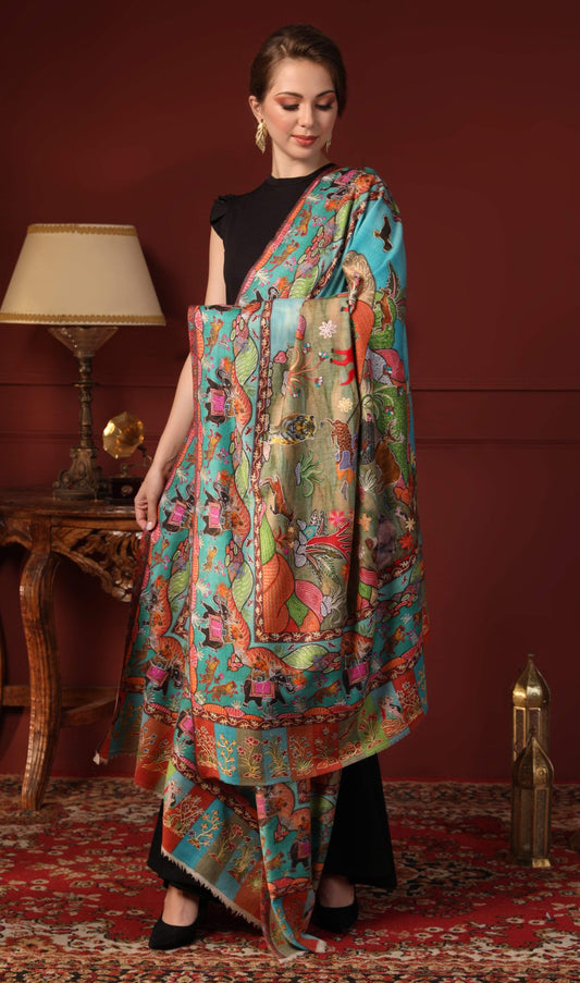 Pashtush India 100x200 Pashtush Womens Pure Wool, Hand Embroidered Kalamkari Shawl, With Woolmark Certificate