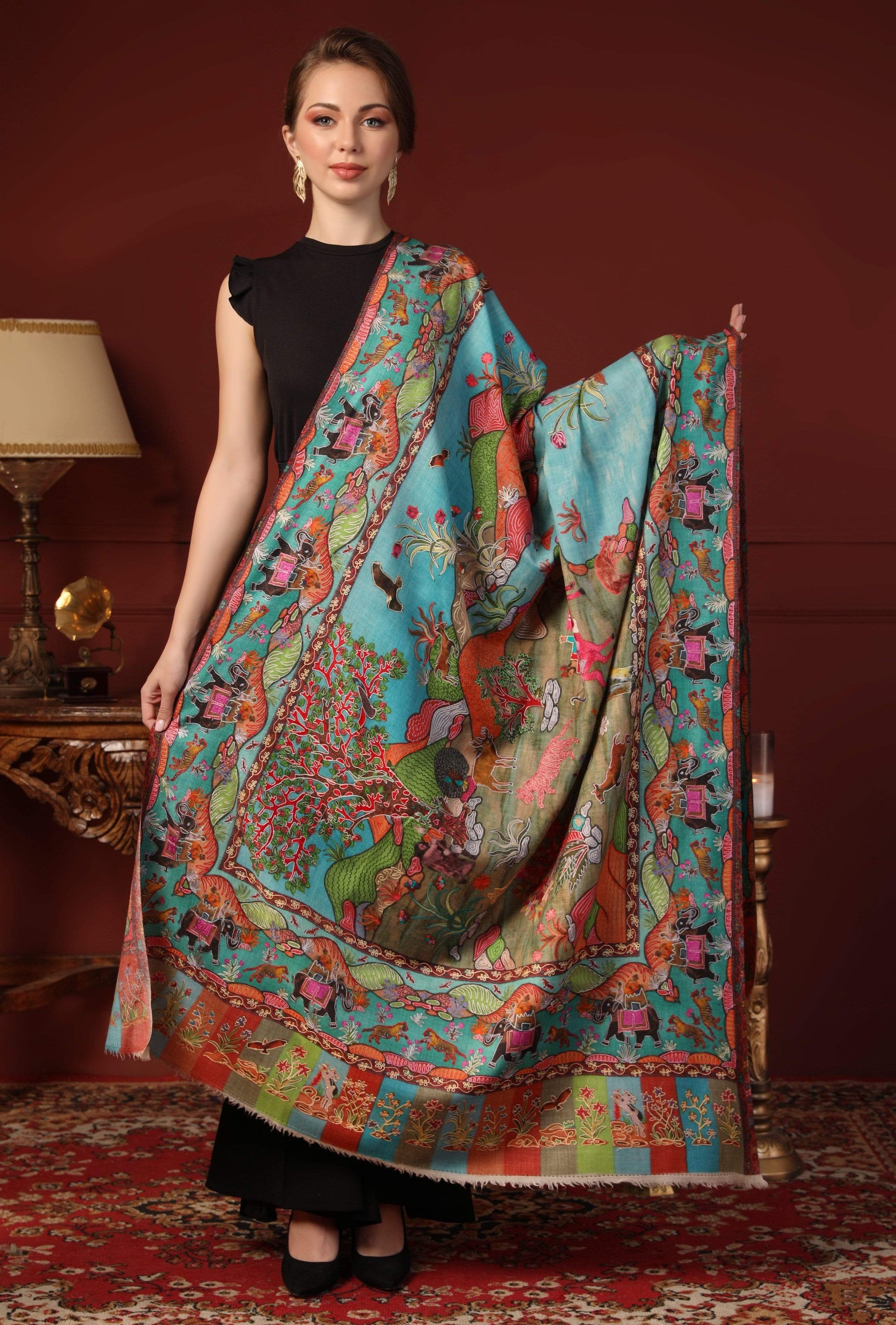 Pashtush India 100x200 Pashtush Womens Pure Wool, Hand Embroidered Kalamkari Shawl, With Woolmark Certificate