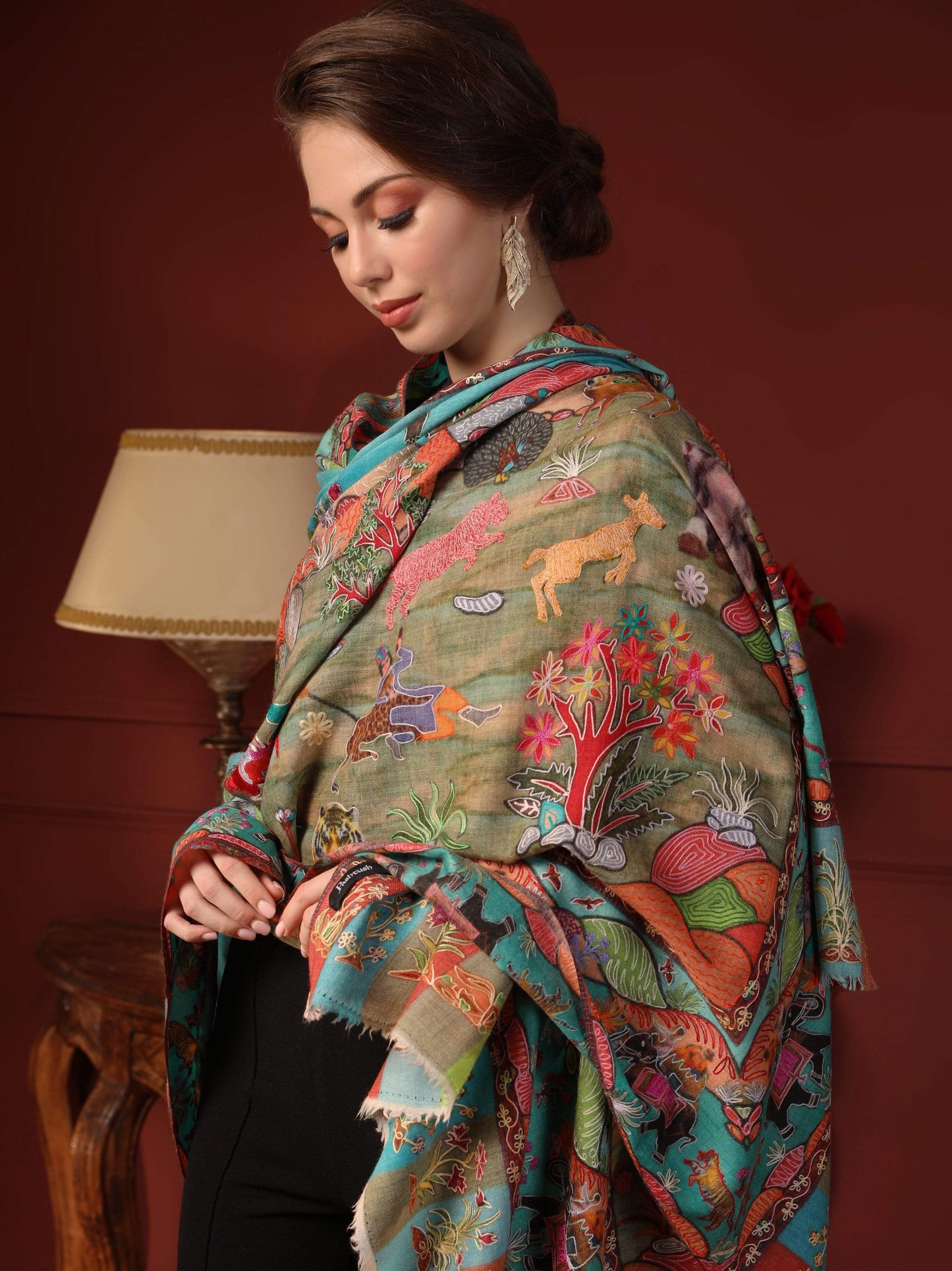 Pashtush India 100x200 Pashtush Womens Pure Wool, Hand Embroidered Kalamkari Shawl, With Woolmark Certificate