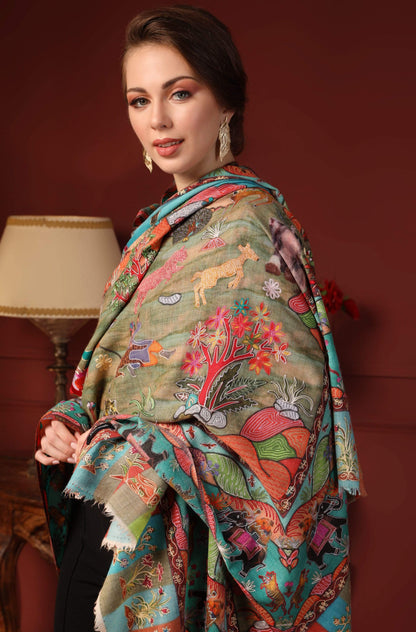 Pashtush India 100x200 Pashtush Womens Pure Wool, Hand Embroidered Kalamkari Shawl, With Woolmark Certificate