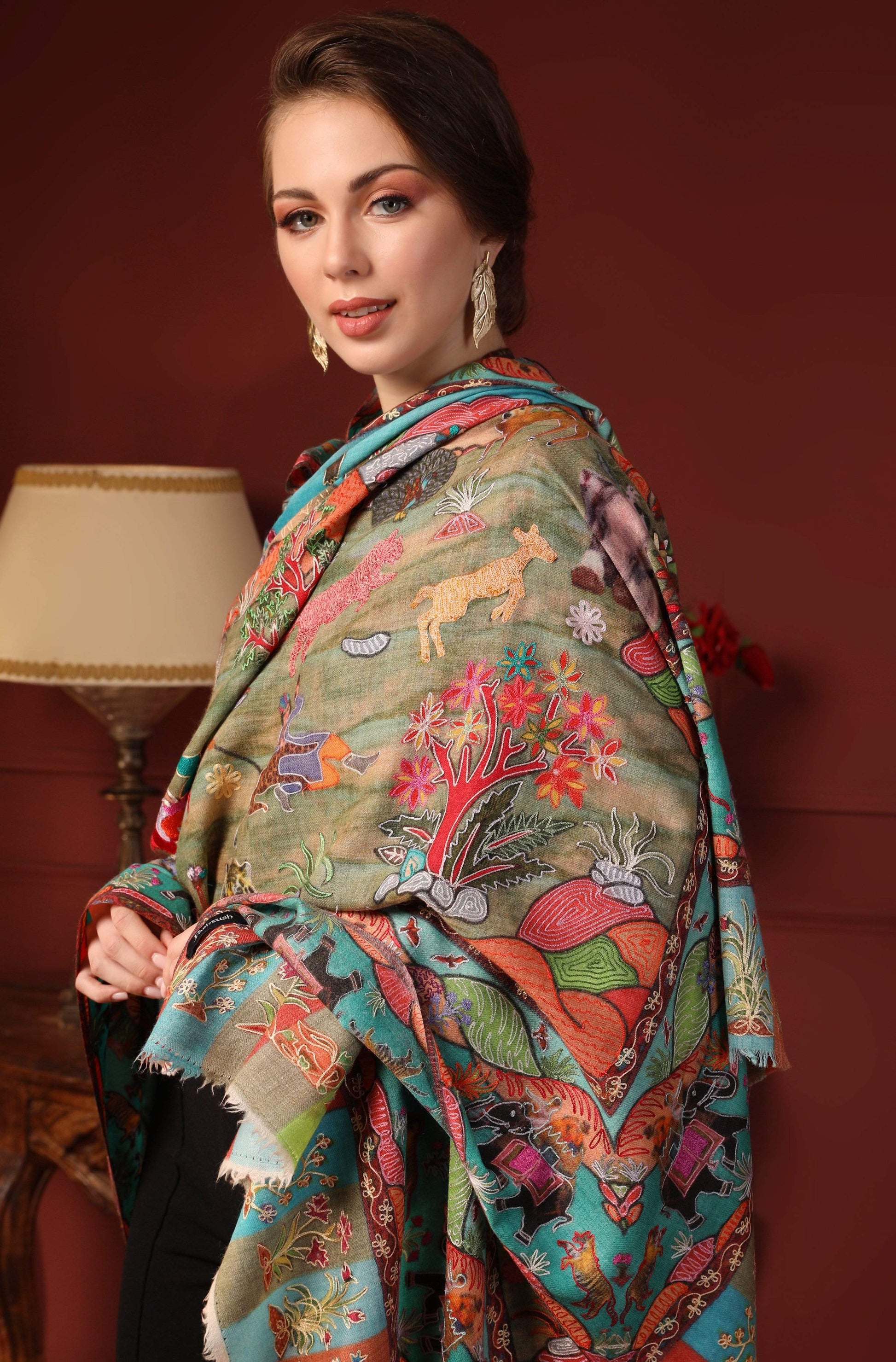 Pashtush India 100x200 Pashtush Womens Pure Wool, Hand Embroidered Kalamkari Shawl, With Woolmark Certificate