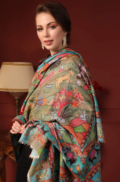 Pashtush India 100x200 Pashtush Womens Pure Wool, Hand Embroidered Kalamkari Shawl, With Woolmark Certificate