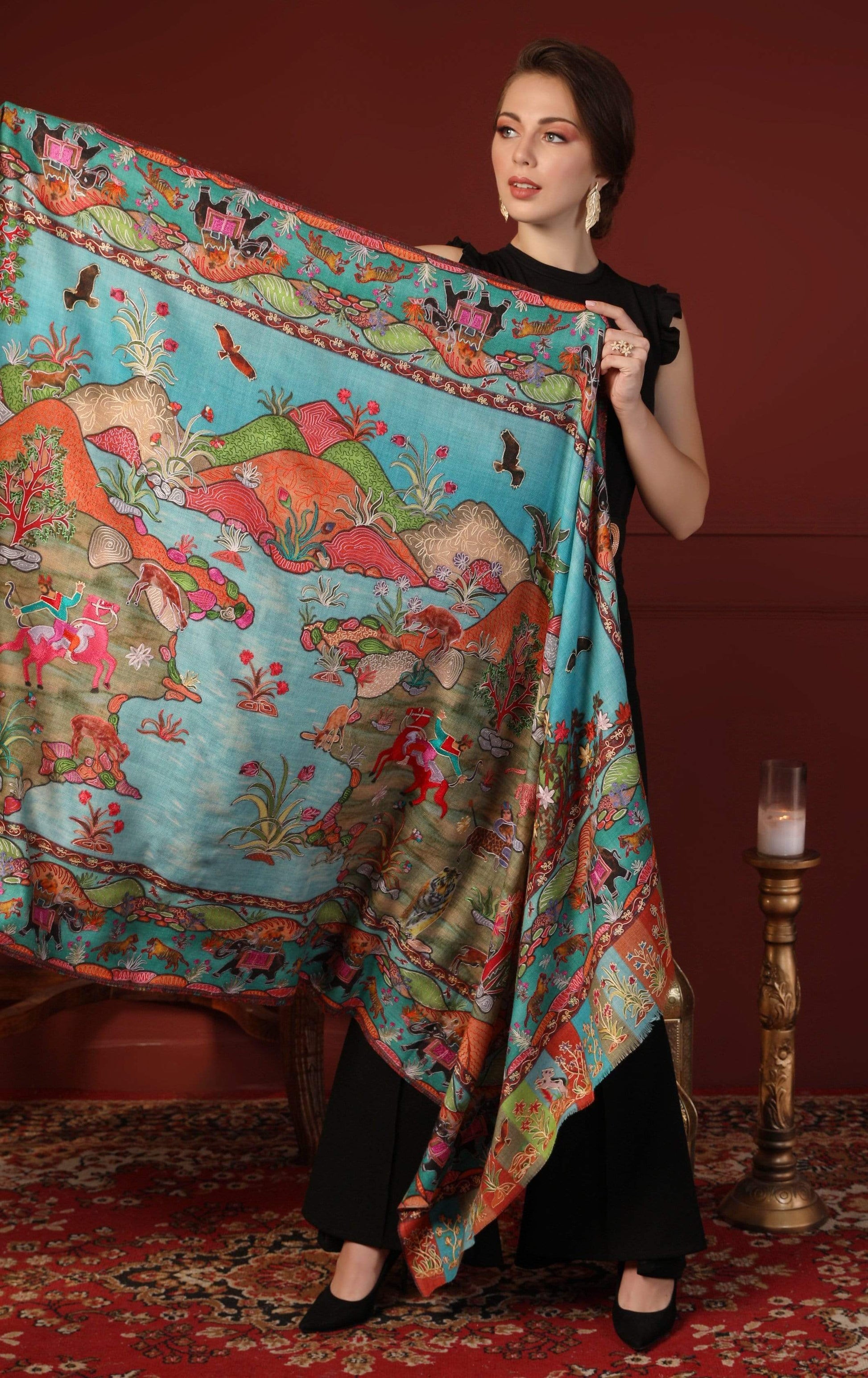 Pashtush India 100x200 Pashtush Womens Pure Wool, Hand Embroidered Kalamkari Shawl, With Woolmark Certificate