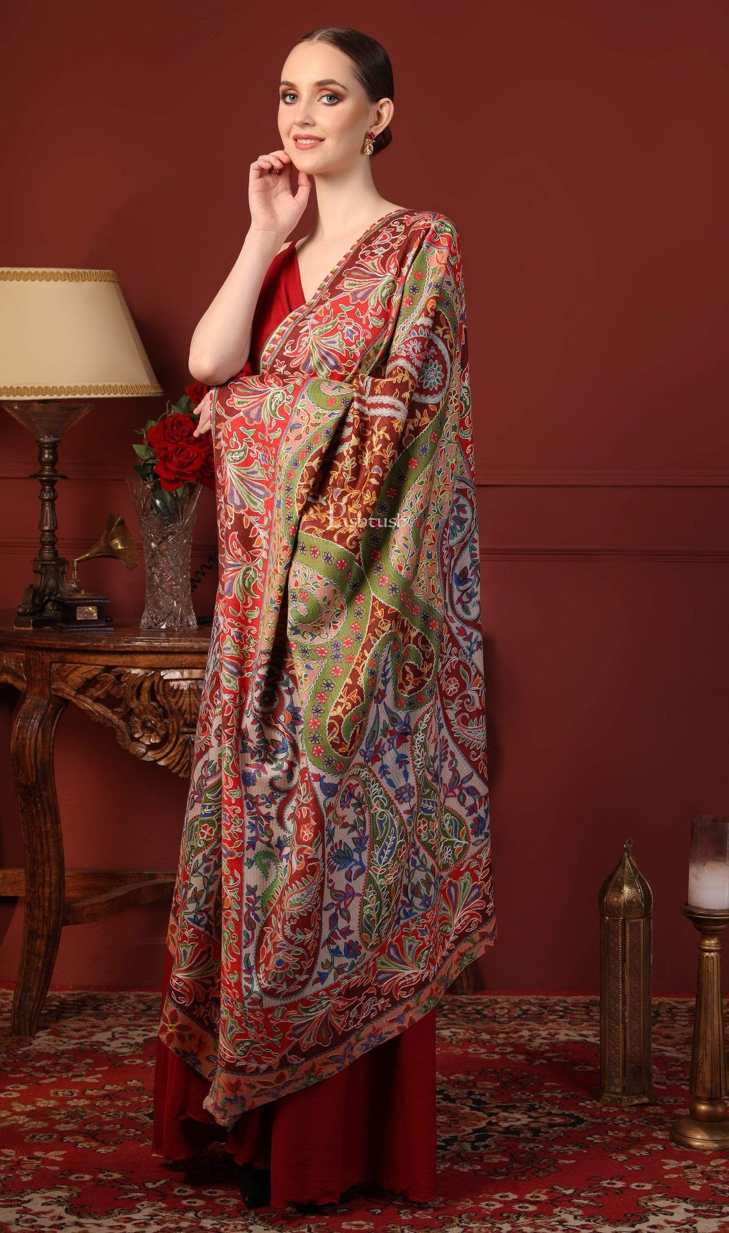 Pashtush India 100x200 Pashtush Womens Pure Wool, Hand Embroidered Kalamkari Shawl, With Woolmark Certificate