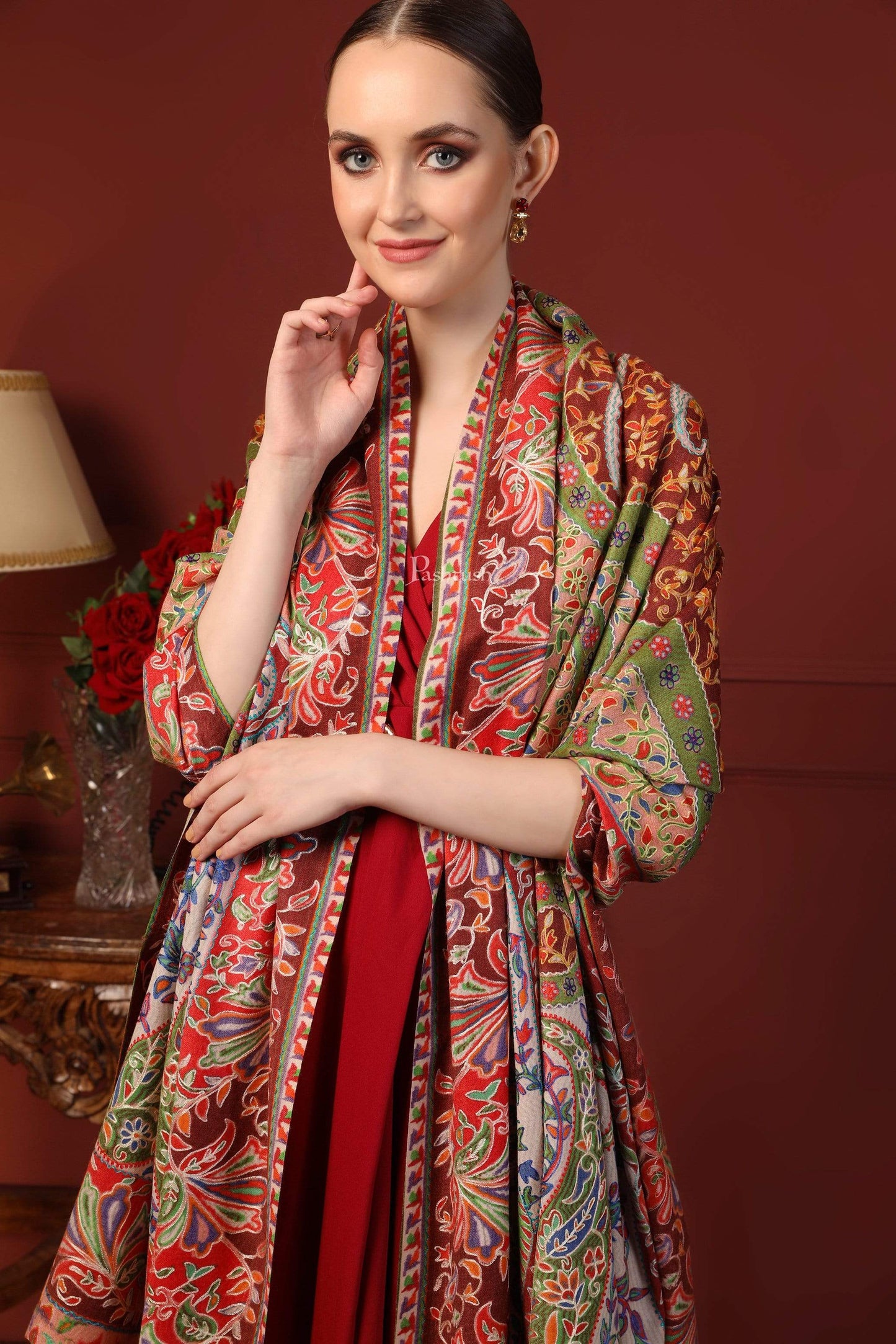 Pashtush India 100x200 Pashtush Womens Pure Wool, Hand Embroidered Kalamkari Shawl, With Woolmark Certificate