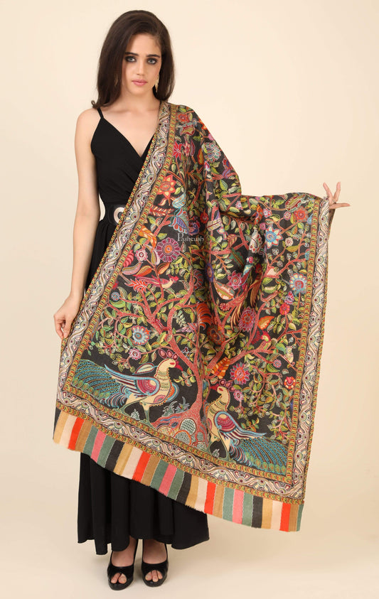 Pashtush India 100x200 Pashtush Womens Pure Wool, Hand Embroidered Kalamkari Shawl, With Woolmark Certificate