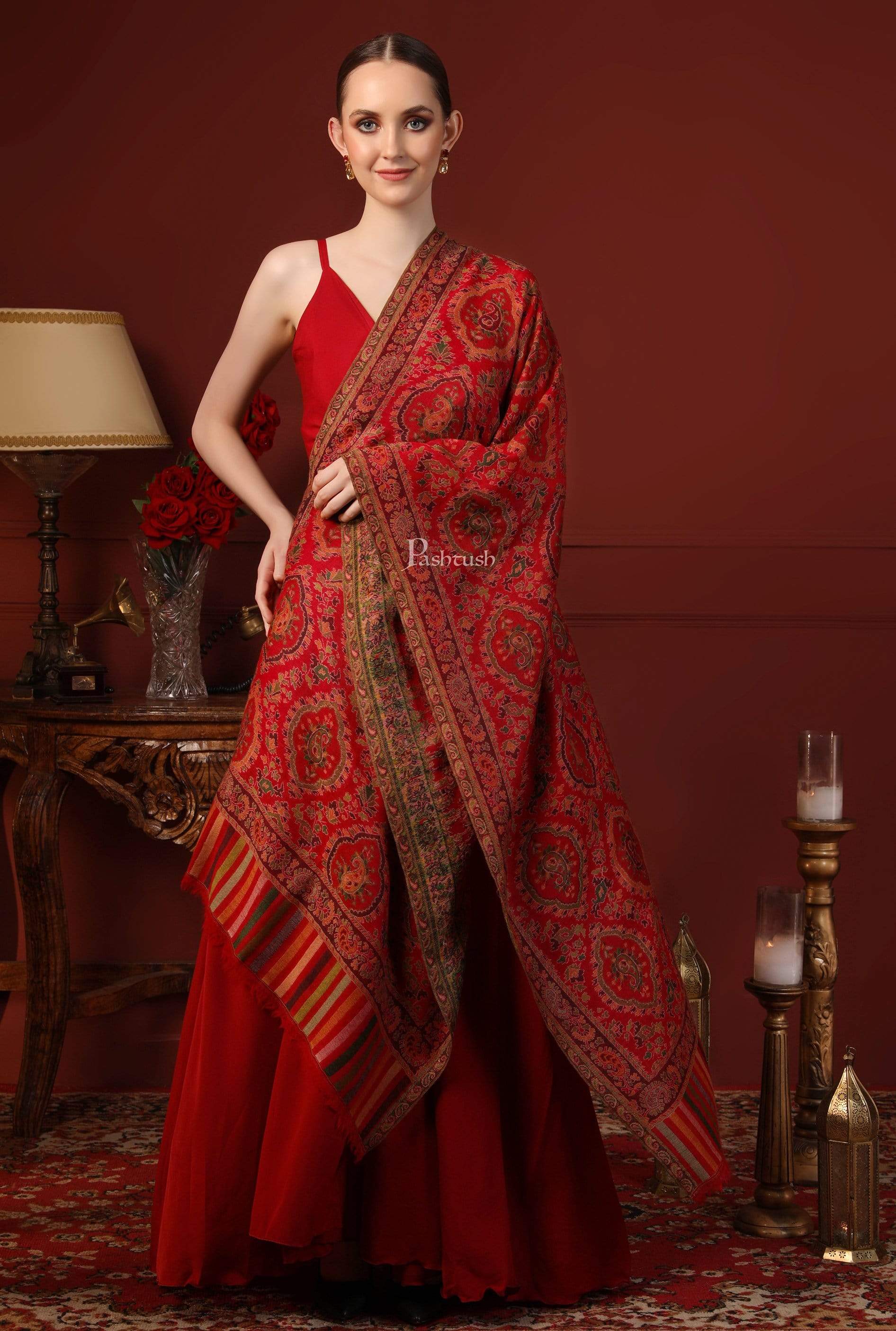Pashtush India 70x200 Pashtush Womens Pure Wool Kaani Stole, With Woolmark Certification