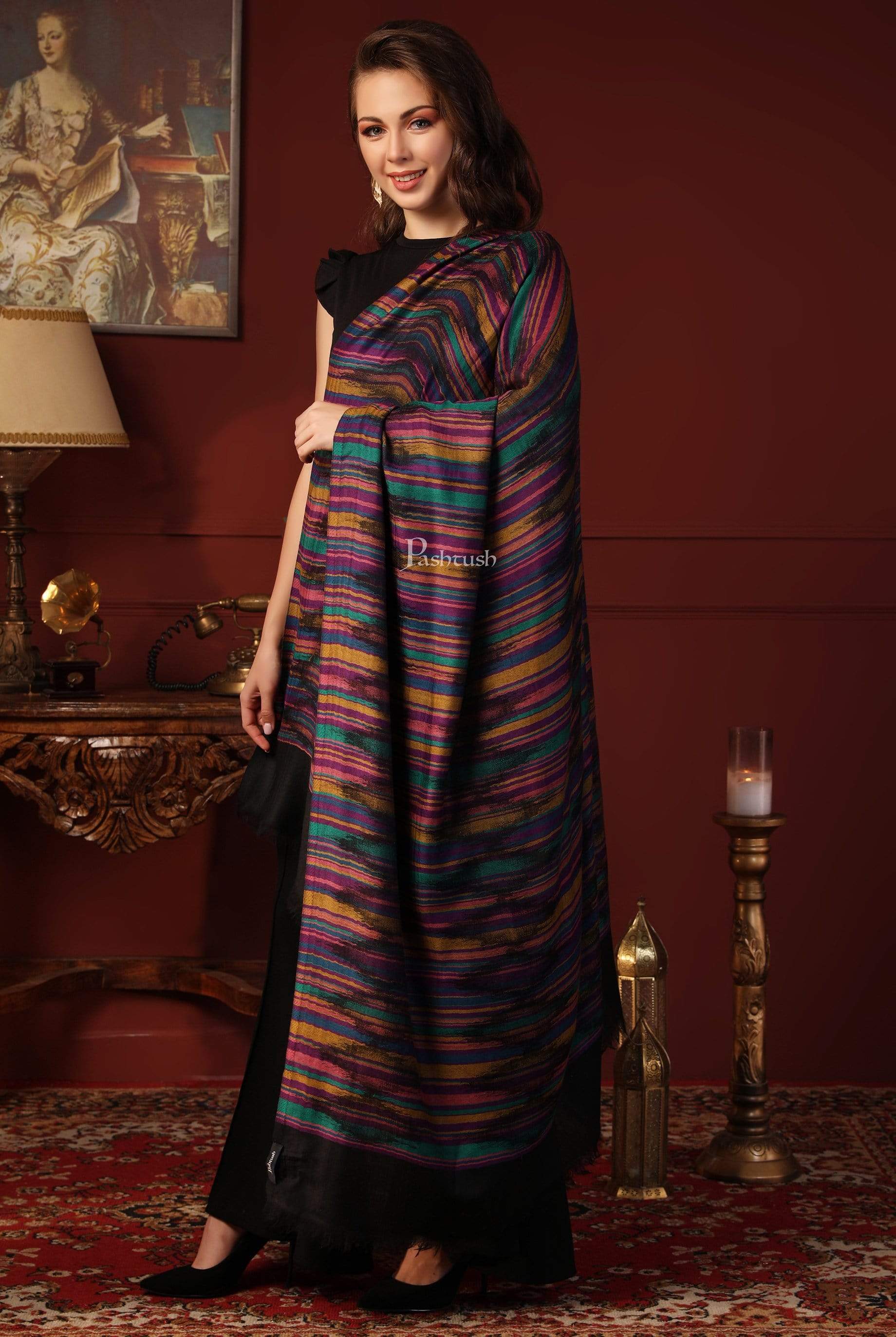 Pashtush India 100x200 Pashtush Womens Pure Wool Multicolour Striped Shawl, With Woolmark Certificate
