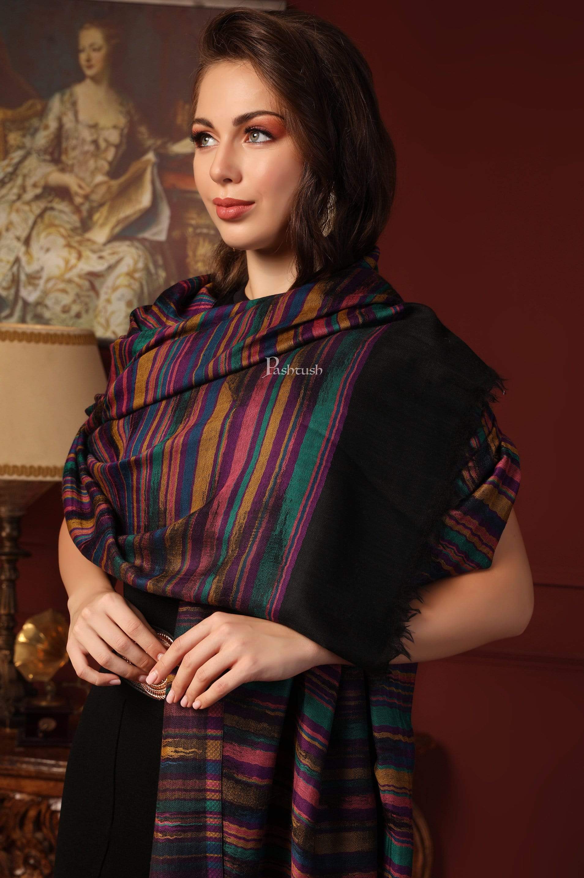 Pashtush India 100x200 Pashtush Womens Pure Wool Multicolour Striped Shawl, With Woolmark Certificate