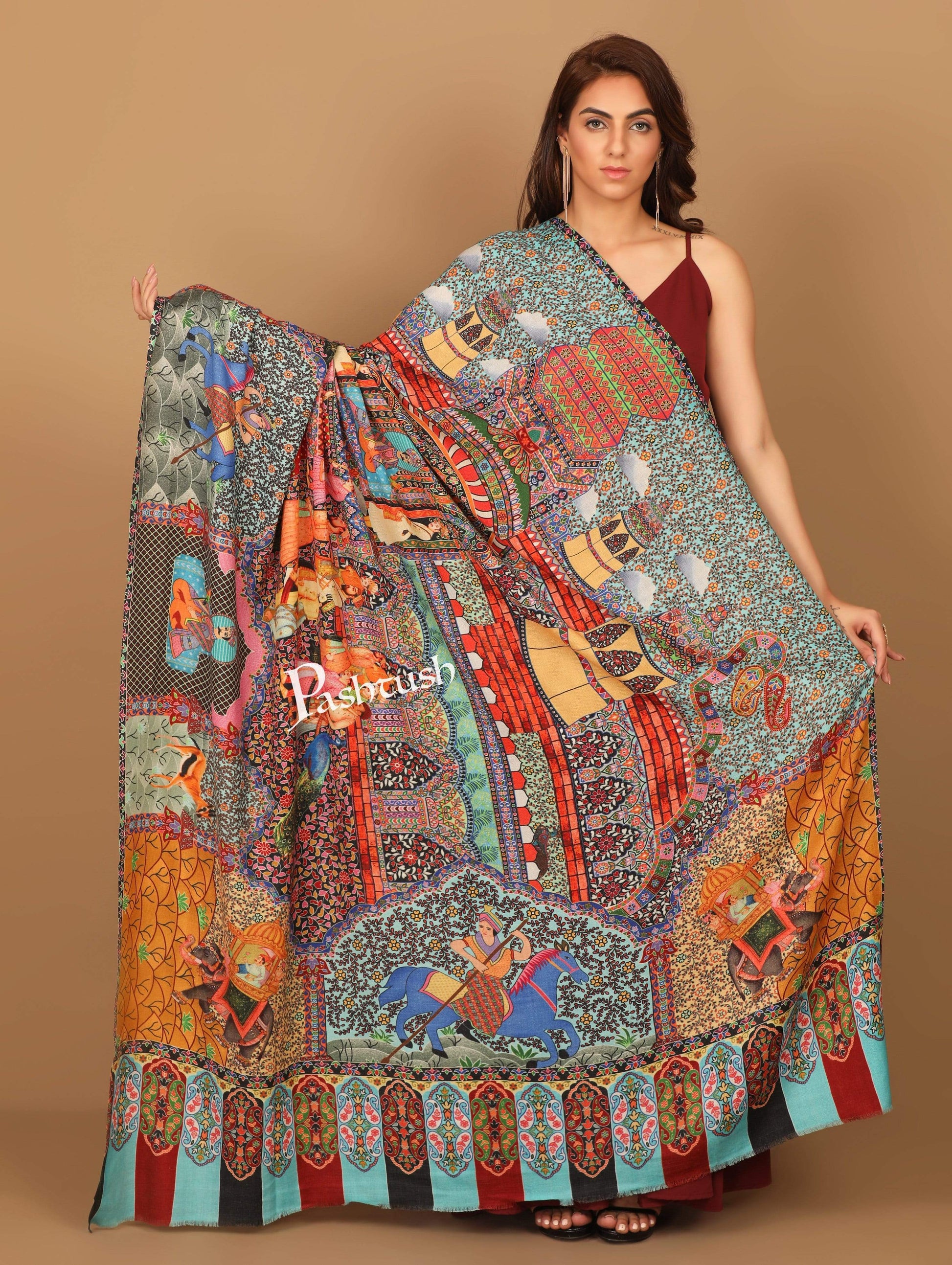 Pashtush India 100x200 Pashtush Womens, Pure Wool, Printed Darbar Shawl, Woolmark Certified.
