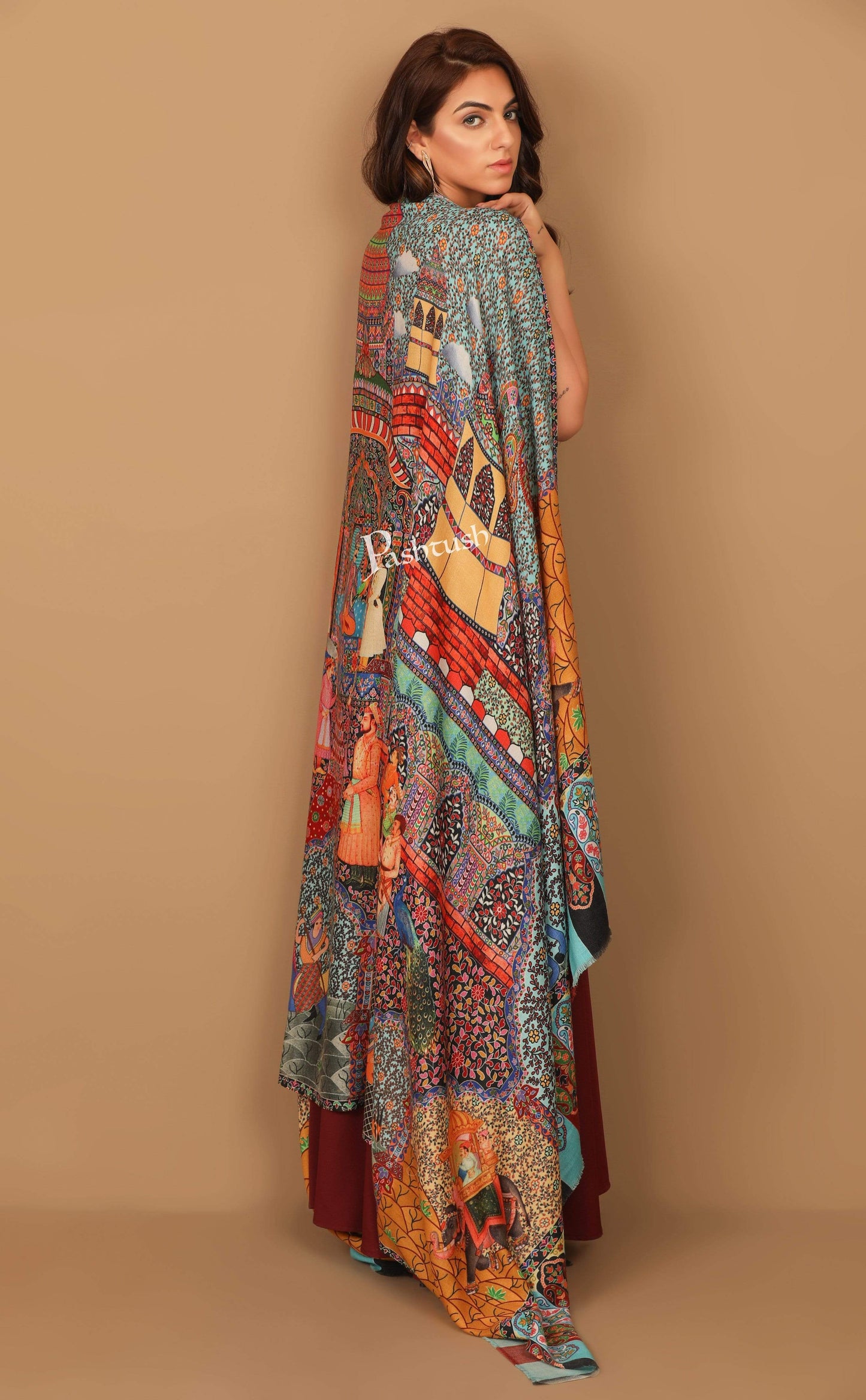 Pashtush India 100x200 Pashtush Womens, Pure Wool, Printed Darbar Shawl, Woolmark Certified.