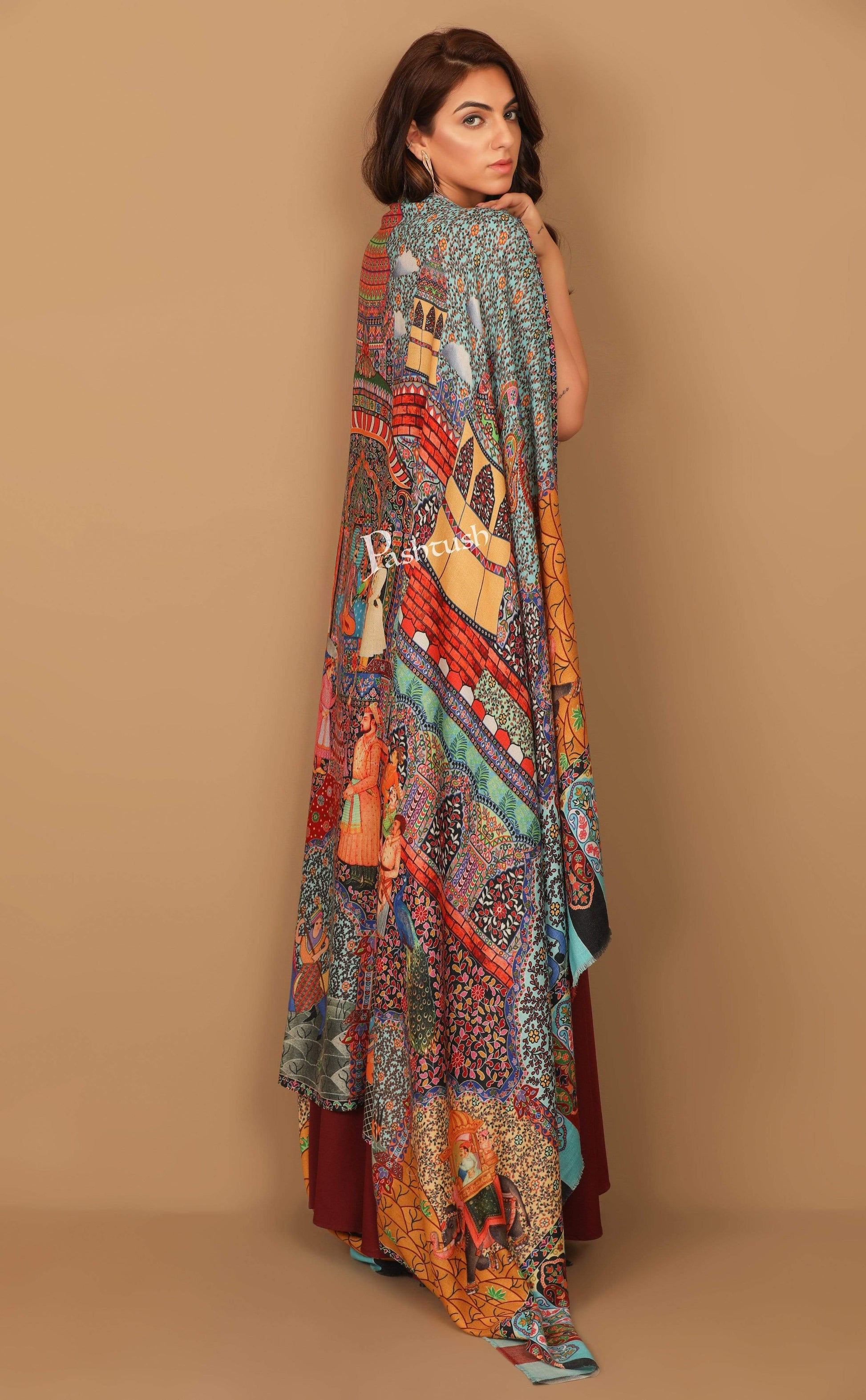 Pashtush India 100x200 Pashtush Womens, Pure Wool, Printed Darbar Shawl, Woolmark Certified.