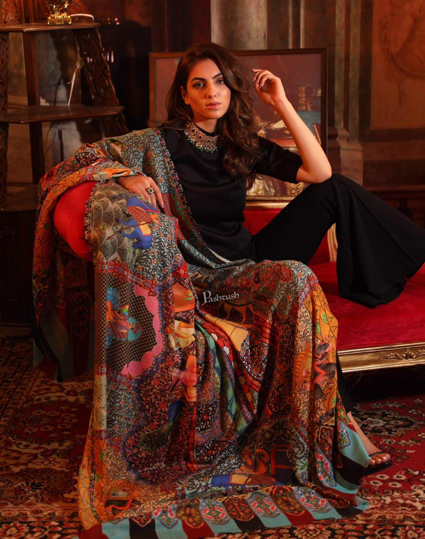 Pashtush India 100x200 Pashtush Womens, Pure Wool, Printed Darbar Shawl, Woolmark Certified.