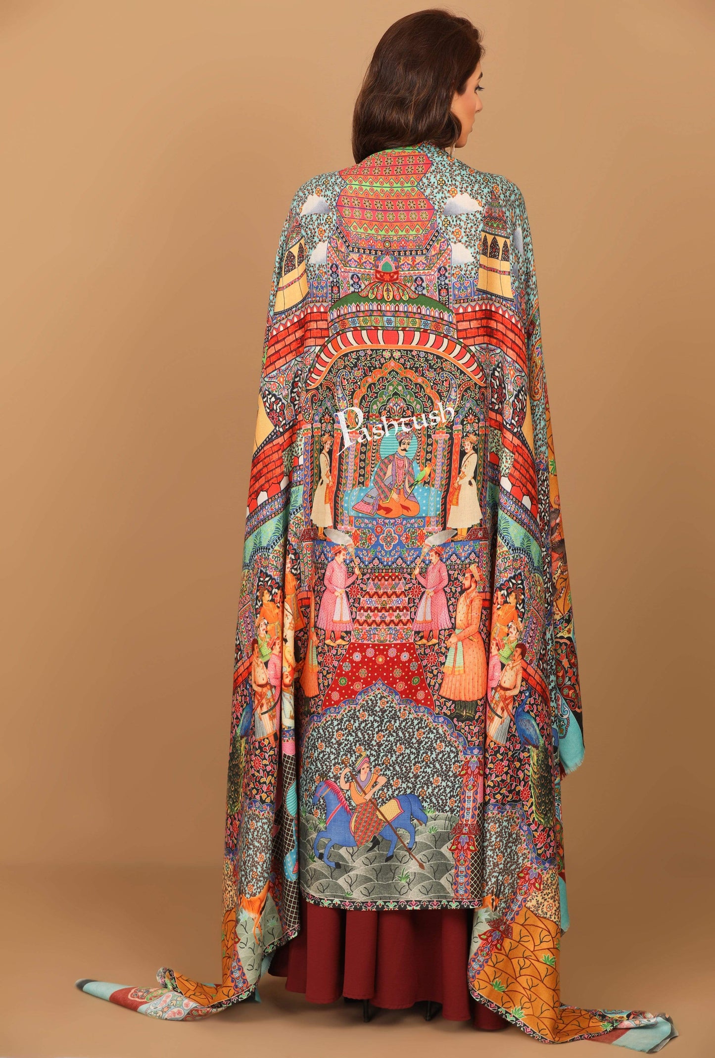 Pashtush India 100x200 Pashtush Womens, Pure Wool, Printed Darbar Shawl, Woolmark Certified.