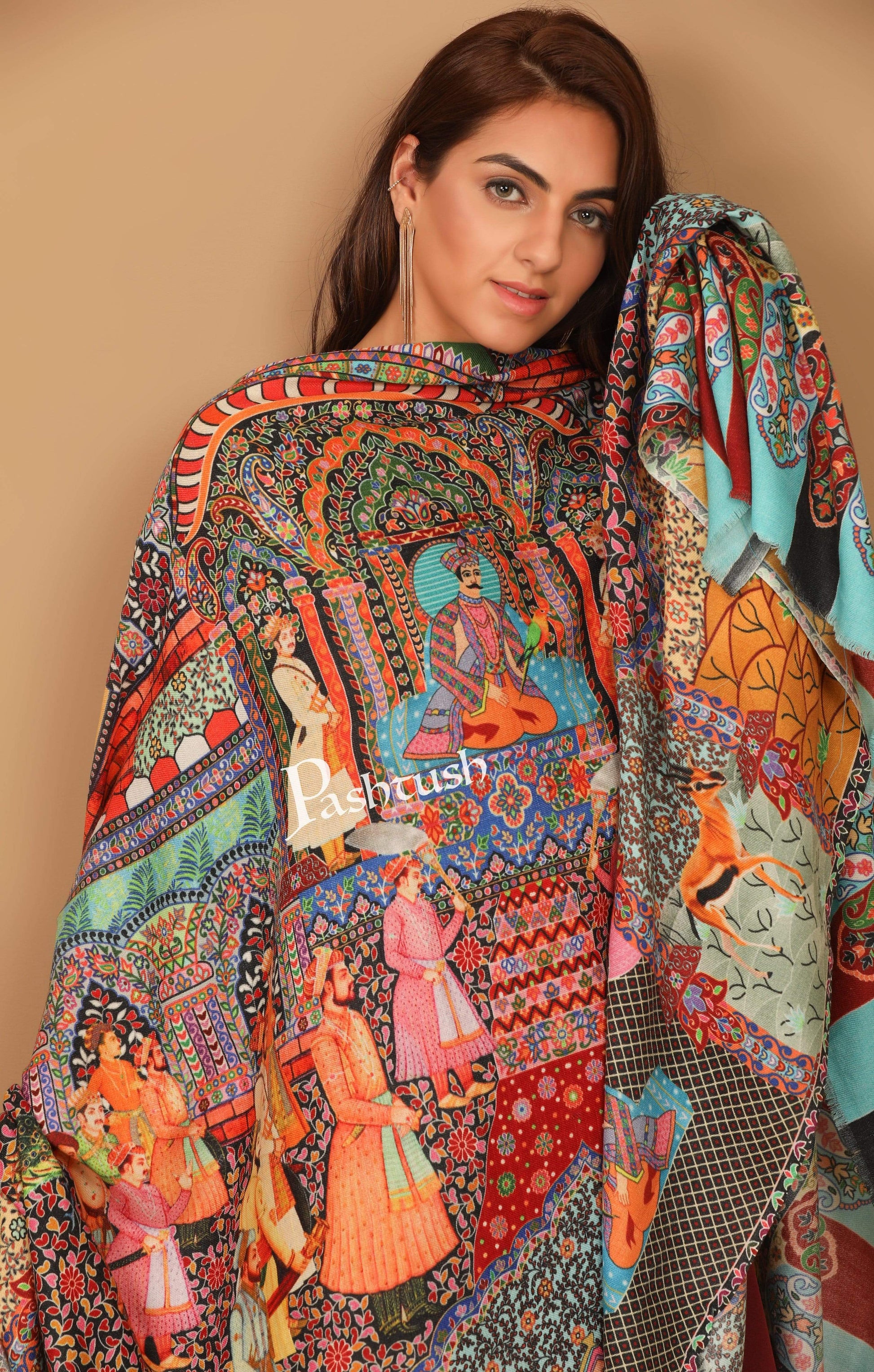 Pashtush India 100x200 Pashtush Womens, Pure Wool, Printed Darbar Shawl, Woolmark Certified.