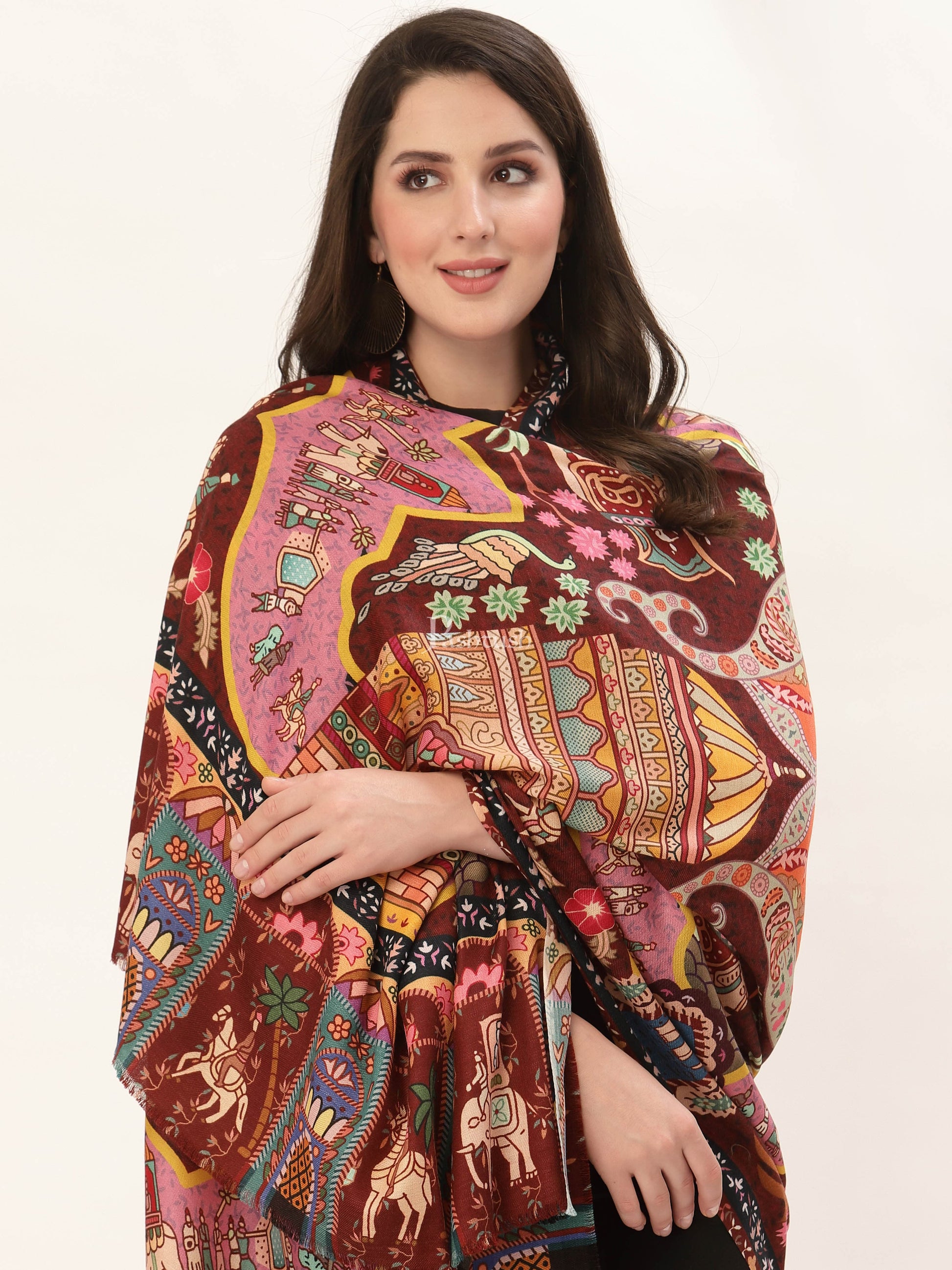 Pashtush India Womens Shawls Pashtush Womens, Pure Wool, Printed Darbar Shawl, Woolmark Certified.