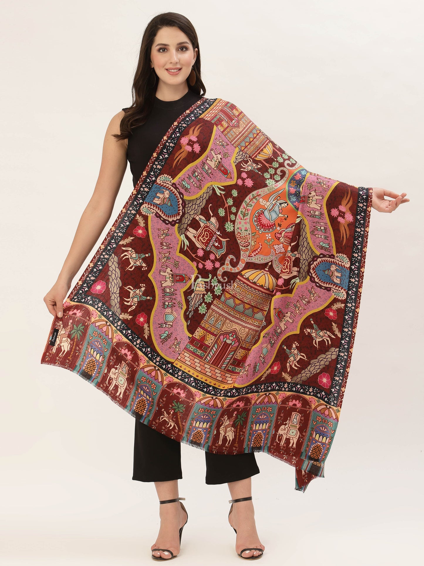 Pashtush India Womens Shawls Pashtush Womens, Pure Wool, Printed Darbar Shawl, Woolmark Certified.