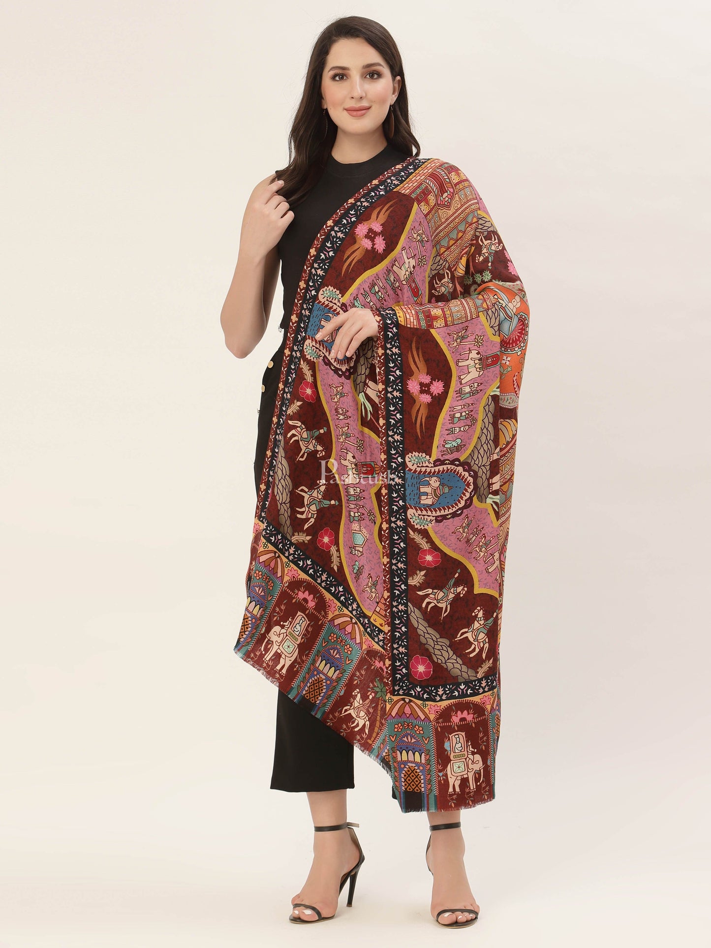 Pashtush India Womens Shawls Pashtush Womens, Pure Wool, Printed Darbar Shawl, Woolmark Certified.
