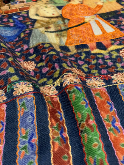 Pashtush India 100x200 Pashtush Womens, Pure Wool, Printed Mughal Darbar Shawl, Woolmark Certified, navy blue
