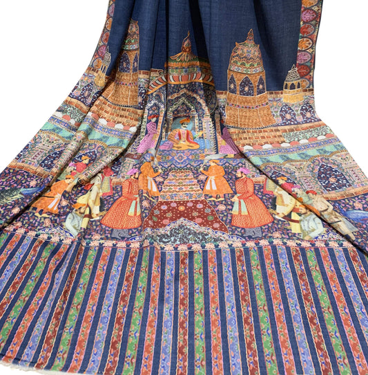 Pashtush India 100x200 Pashtush Womens, Pure Wool, Printed Mughal Darbar Shawl, Woolmark Certified, navy blue