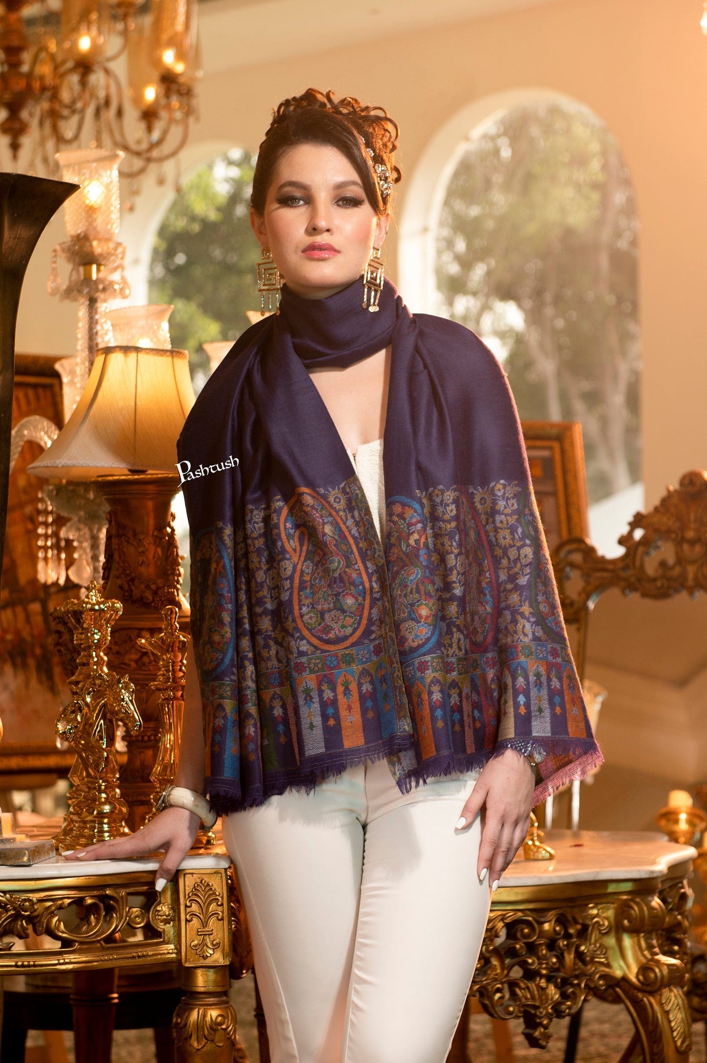 Pashtush India Womens Shawls Pashtush Womens Pure Wool Shawl, Multicoloured Paisley Palla, Ethnic Weave with Woolmark Certificate