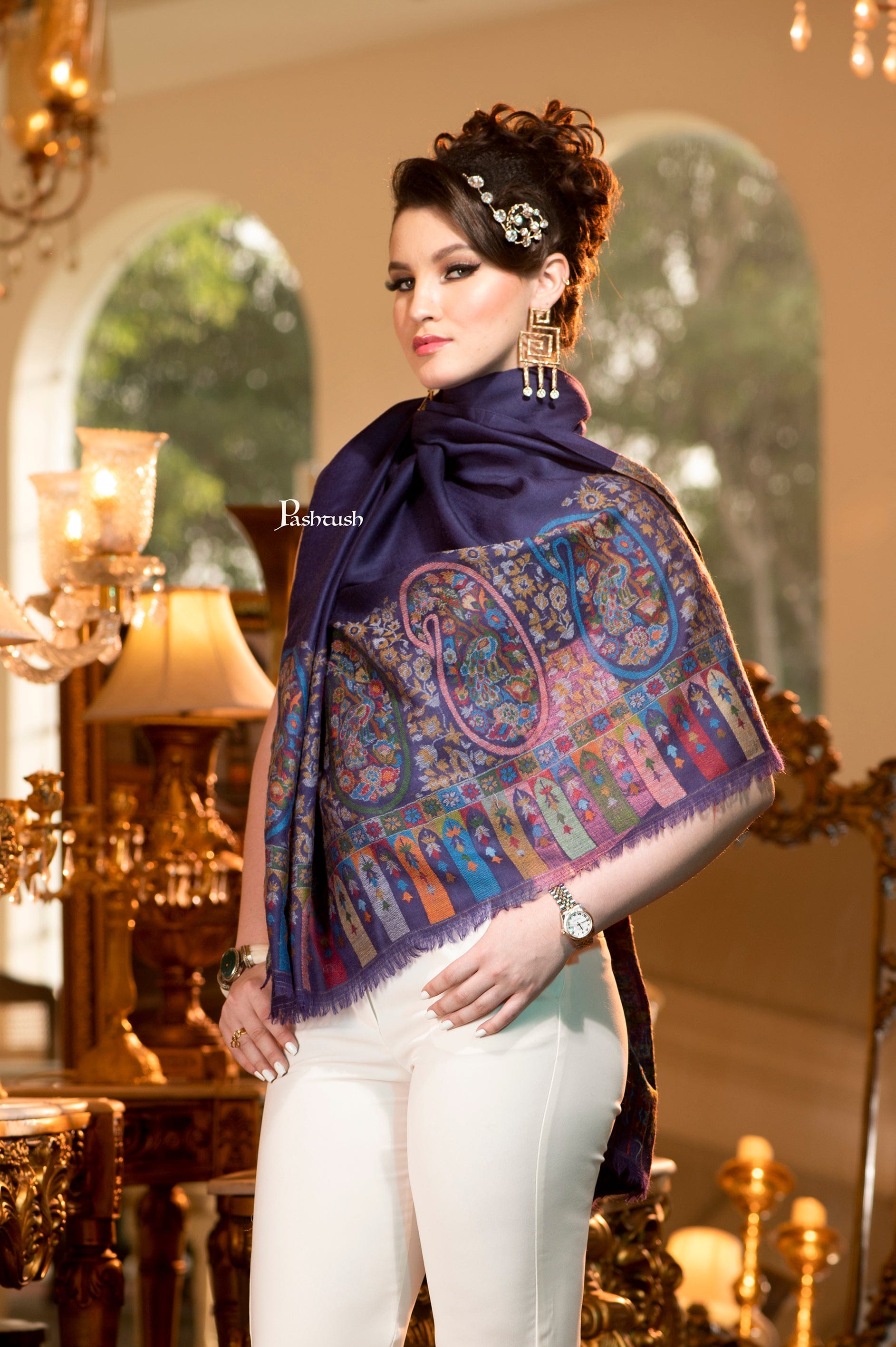 Pashtush India Womens Shawls Pashtush Womens Pure Wool Shawl, Multicoloured Paisley Palla, Ethnic Weave with Woolmark Certificate
