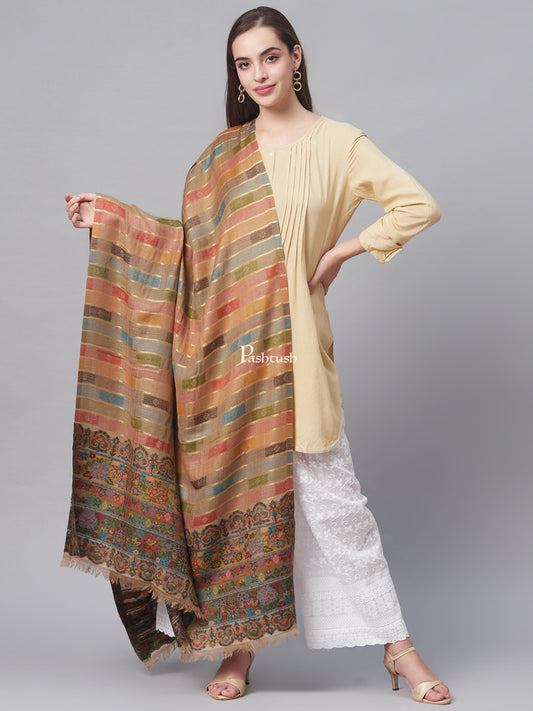 Pashtush India Womens Stoles and Scarves Scarf Pashtush Womens Pure Wool Woven Design Ethnic Stole Beige
