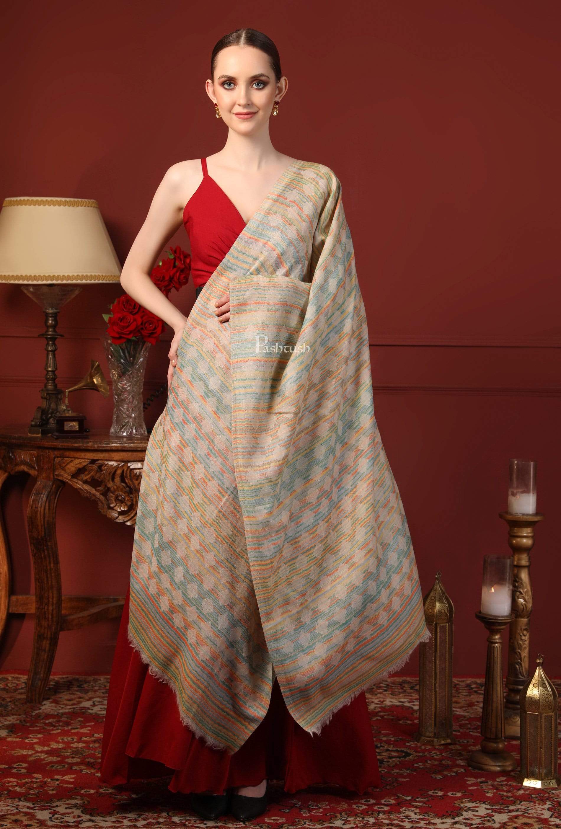 Pashtush India 70x200 Pashtush Womens Reversible Stole, 100% Pure Wool With Woolmark Certification