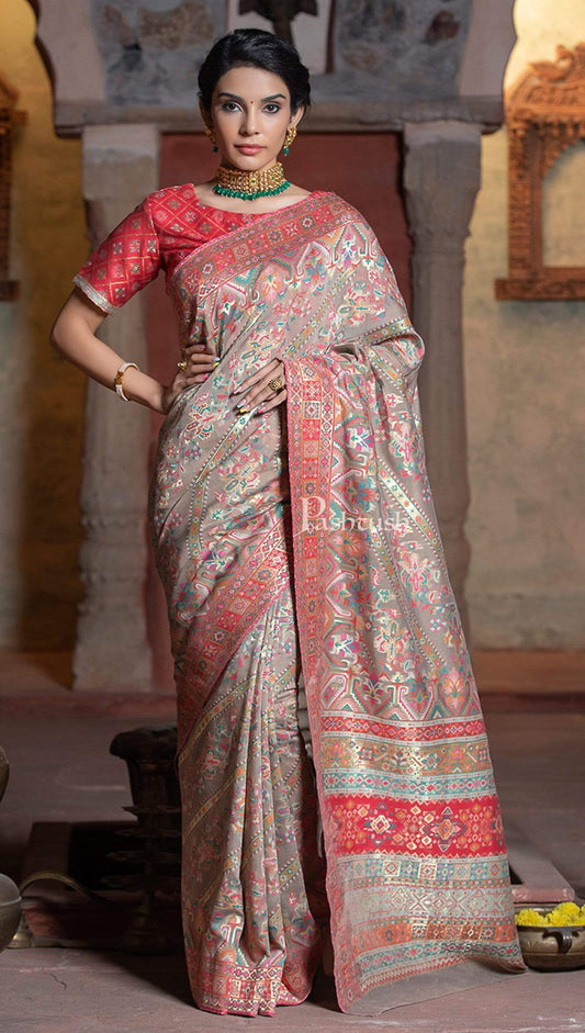 Pashtush Shawl Store 5.80 m x 1 m Pashtush Womens Saree, Aztec Weave, Mellow Beige, Extra Fine Silk