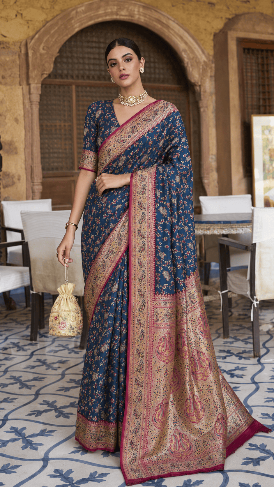 Pashtush Shawl Store Gift Pack Pashtush Womens Saree Gift Pack, Woven Art-Silk, Zari Weave Design, Royal Blue and Fuscia