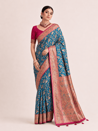 Pashtush Shawl Store Gift Pack Pashtush Womens Saree Gift Pack, Woven Art-Silk, Zari Weave Design, Royal Blue and Fuscia