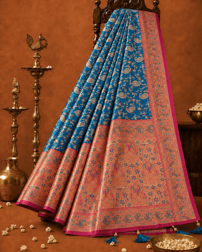 Pashtush Shawl Store Gift Pack Pashtush Womens Saree Gift Pack, Woven Art-Silk, Zari Weave Design, Royal Blue and Fuscia